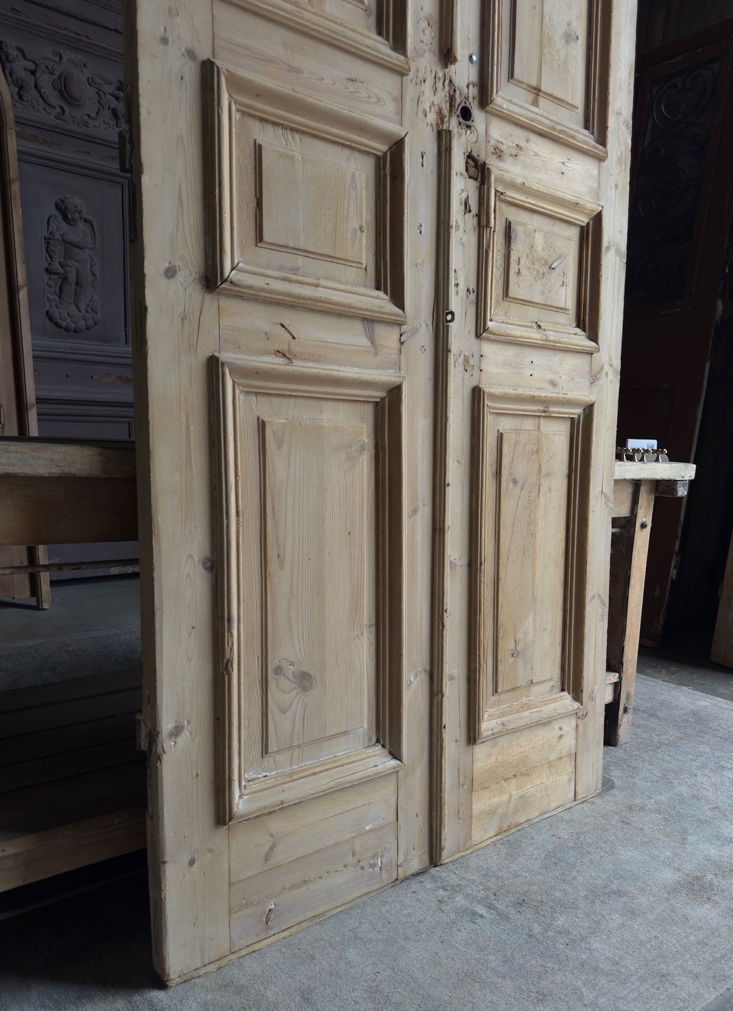 Raised Molding 3 Panel Antique Solid French Doors - 43x106.5 - L392