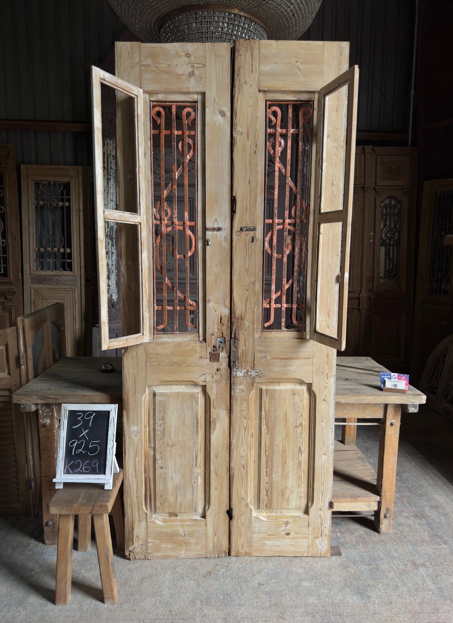 Hand Carved Antique Iron Double Doors - 39x92.5 K269