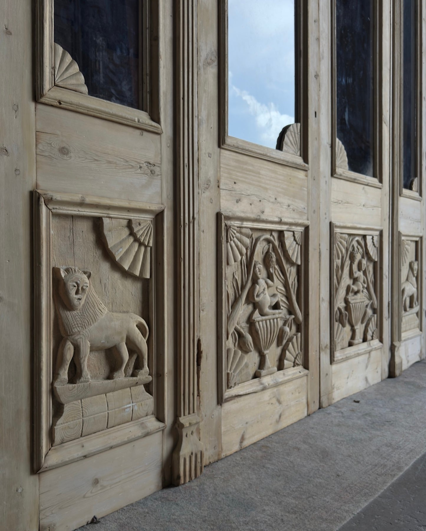 Carved Scene Antique Bi-Fold Glass Doors - 108.5x105.5 K238