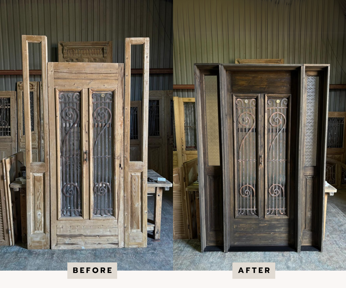 A single iron door with a pair of glass French doors split and used as sidelights - Pre-hung in stain-grade cypress jamb for exterior use