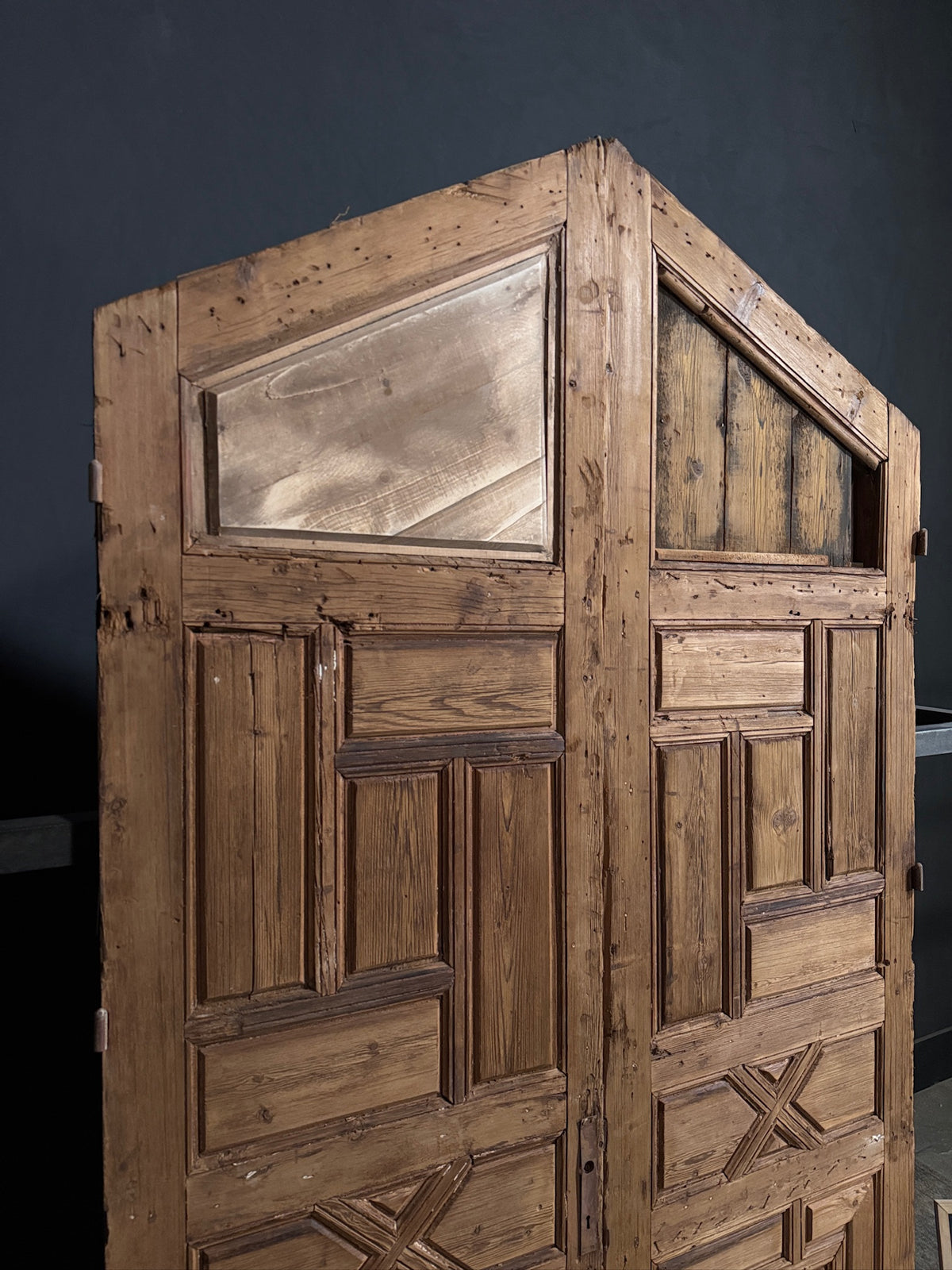 Antique Gothic Geometric Paneled Entry Double Doors - 54.5x96 - N748