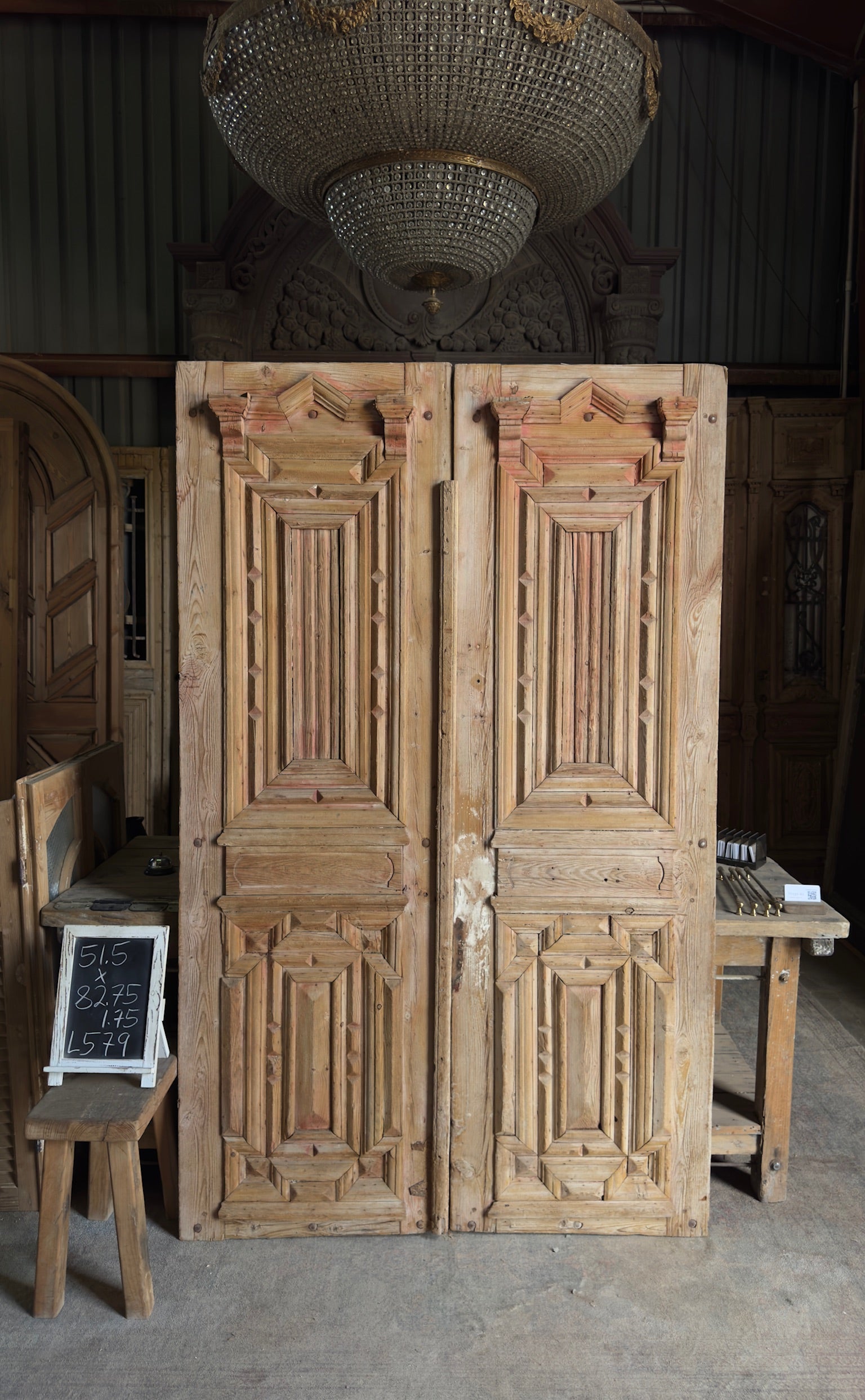 Antique Carved 6 Panel Double Doors - 51.5x82.75 - L579
