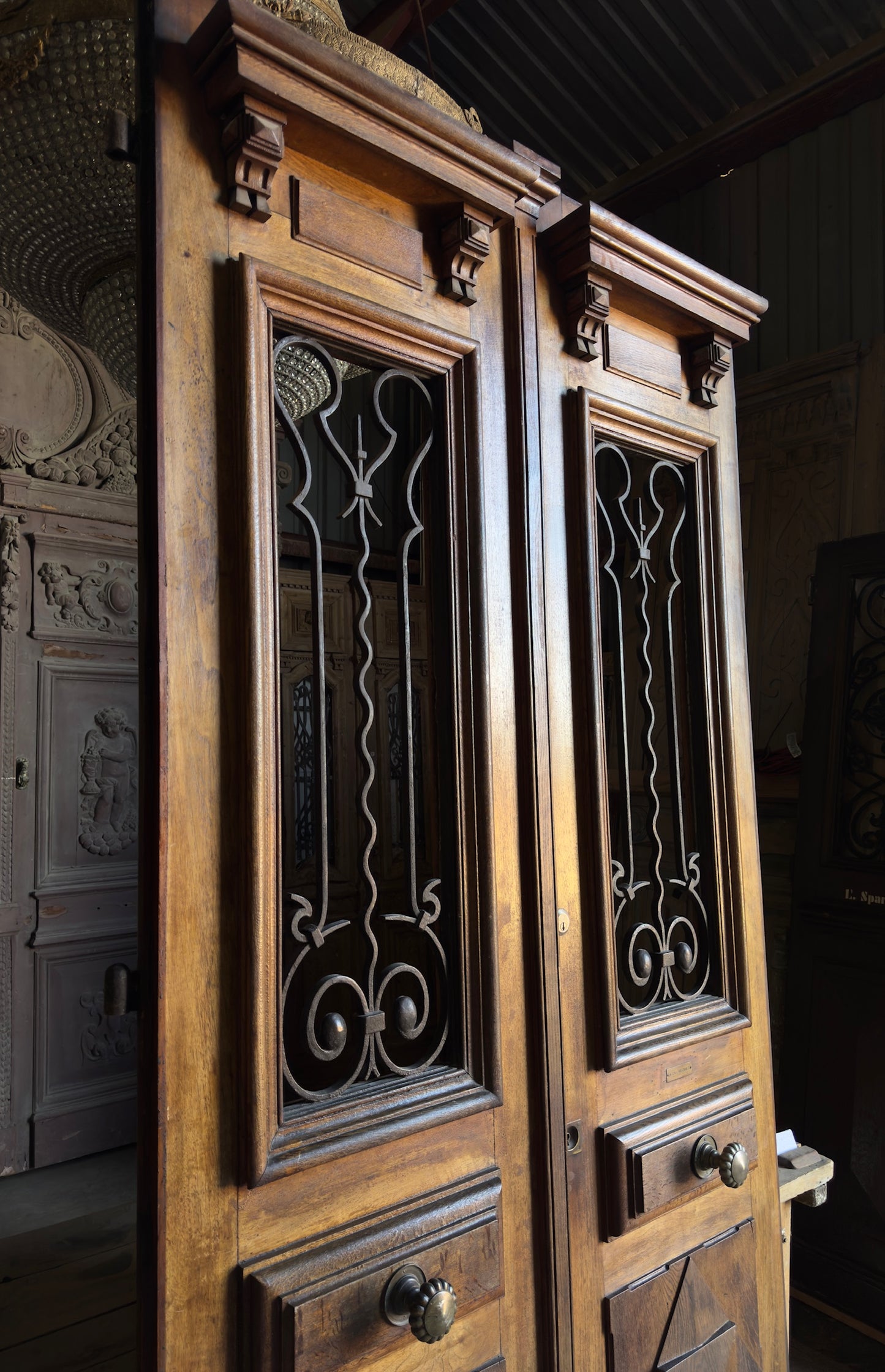 French Iron & Glass Antique Double Doors with Parquet Panels - 57x112.5 - L272