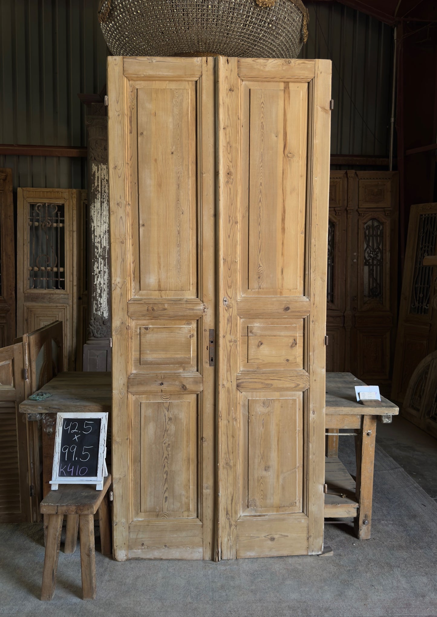 Raised Molding 3 Panel Antique Solid French Doors - 42.5x99.5 K410
