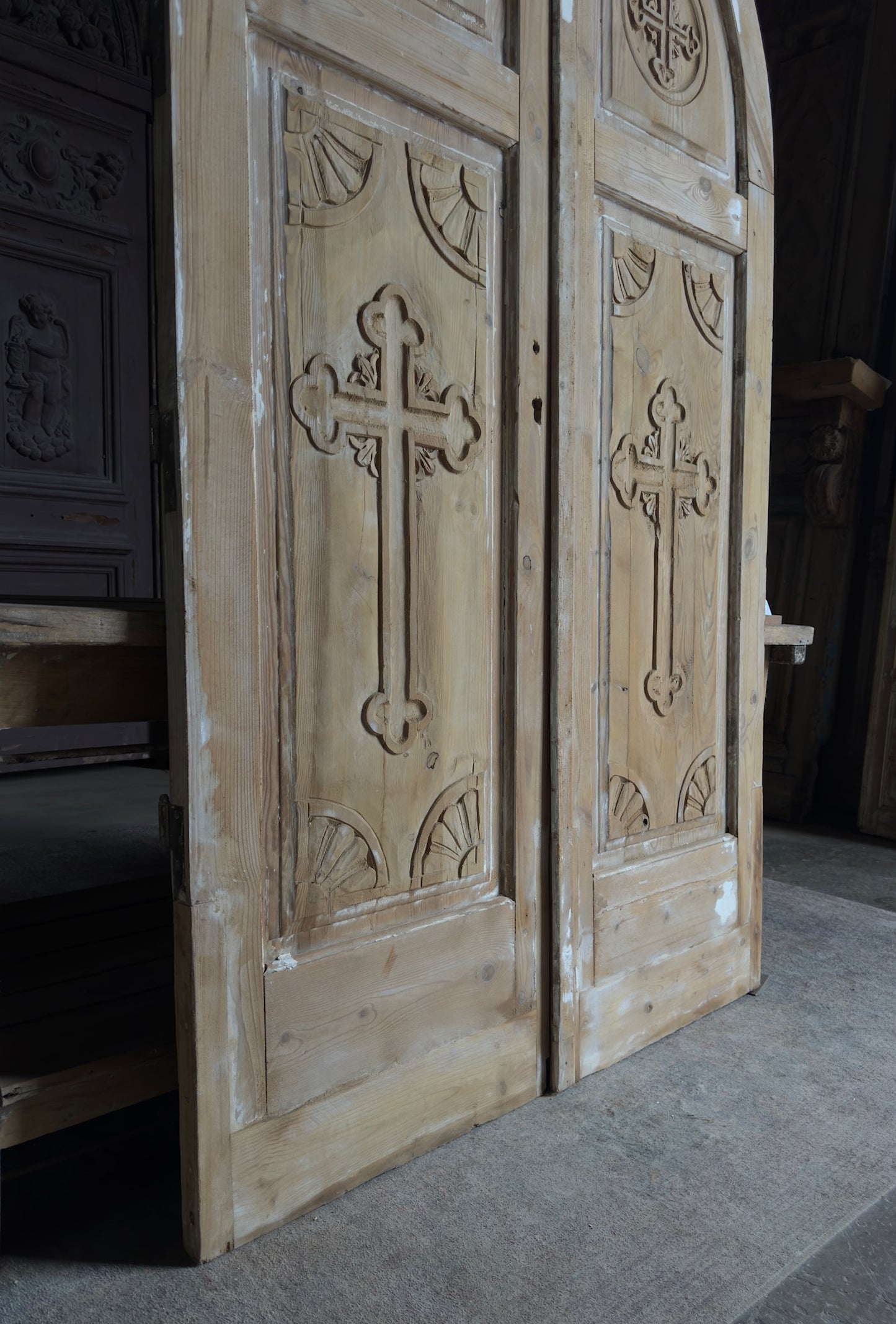 Antique Solid Arched Doors with Carved Cross - 52x90 - L142