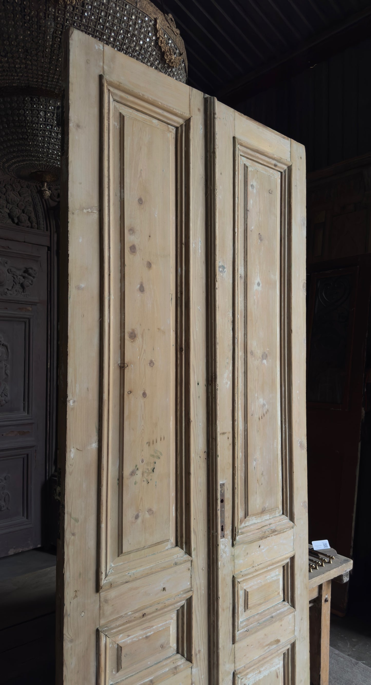 Raised Molding 3 Panel Antique Solid French Doors - 42.5x103.5 - L375