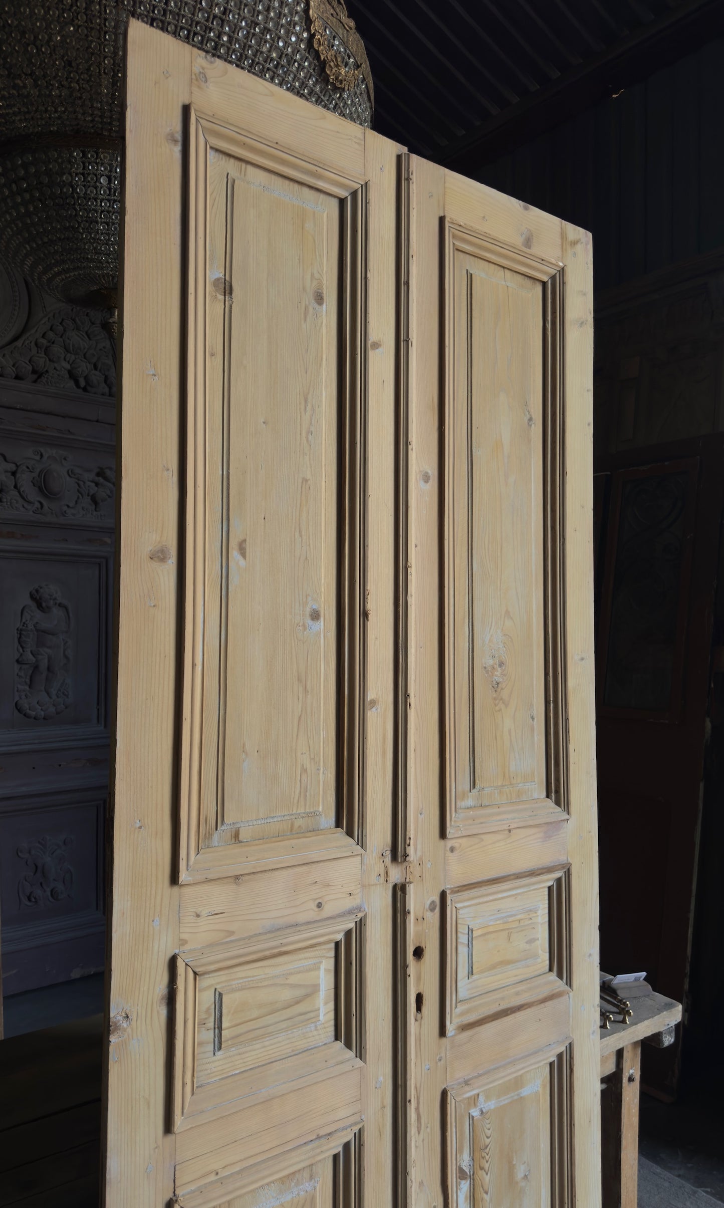 Raised Molding 3 Panel Antique Solid French Doors - 43x103.5 - L360