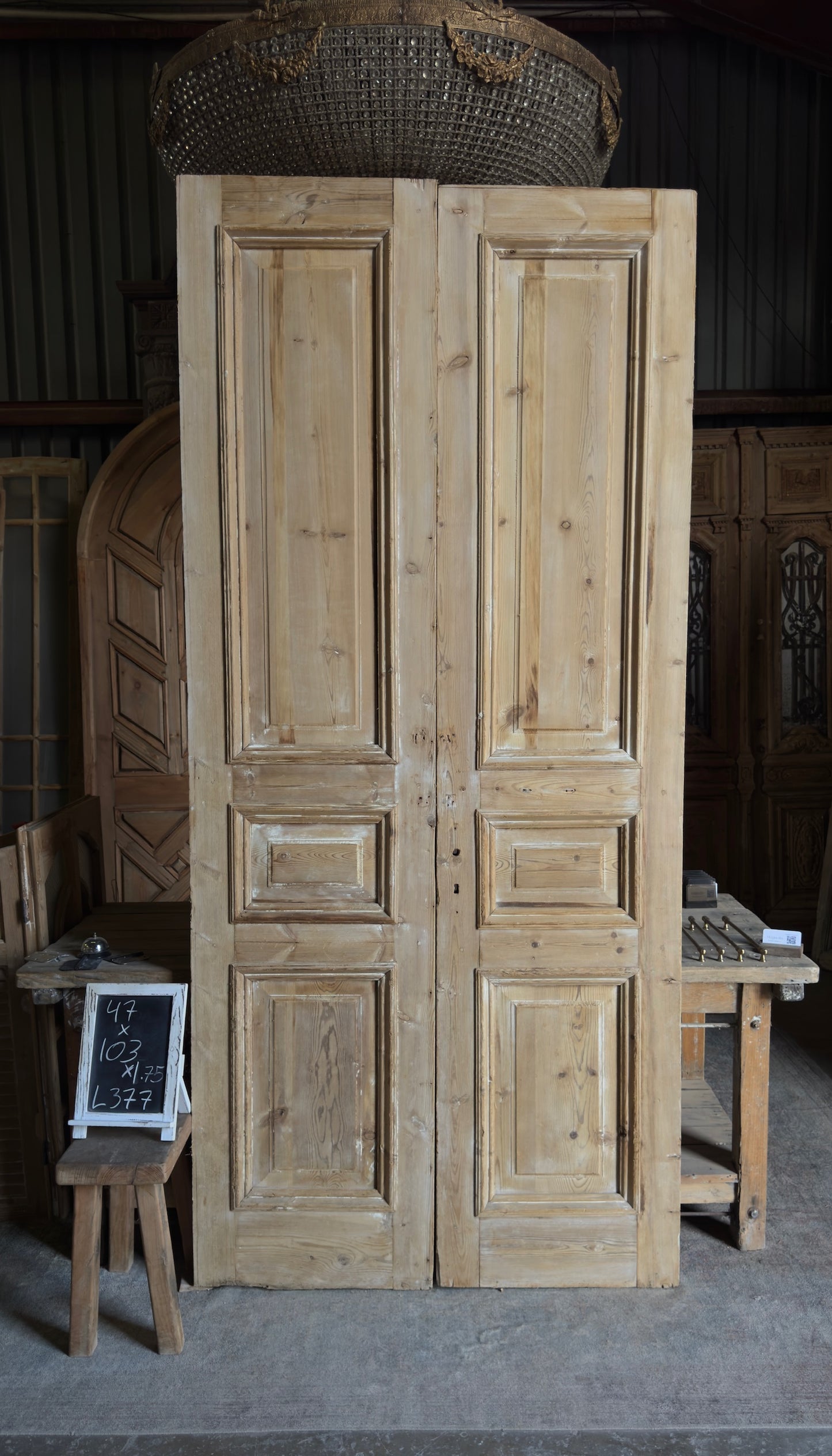 Raised Molding 3 Panel Antique Solid French Doors - 47x103 - L377