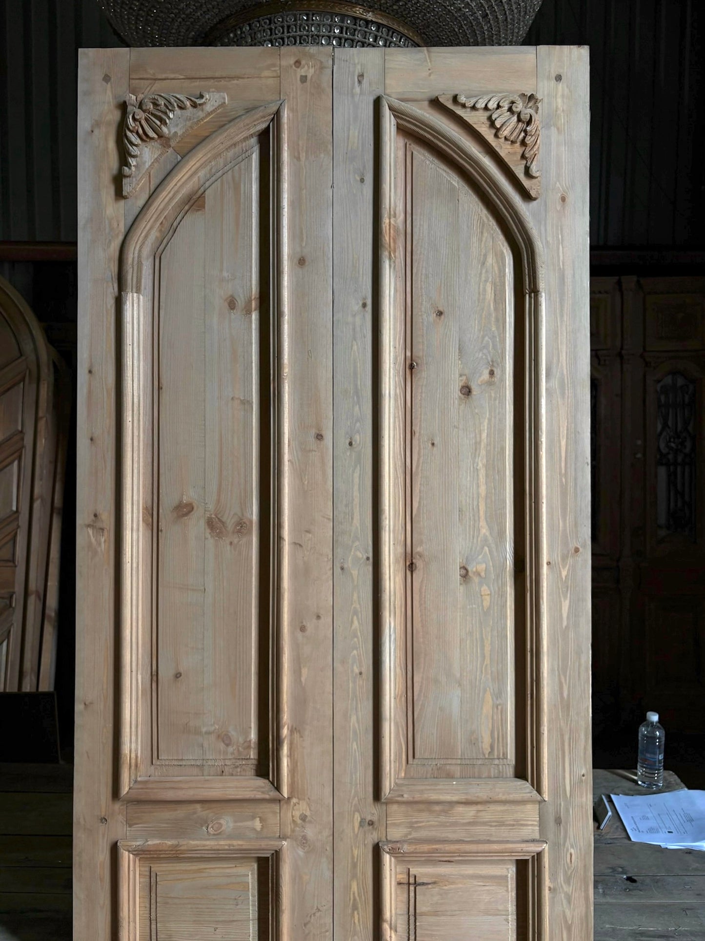 Handcrafted 3 Panel Arched Carved French Doors - 36x96 K5