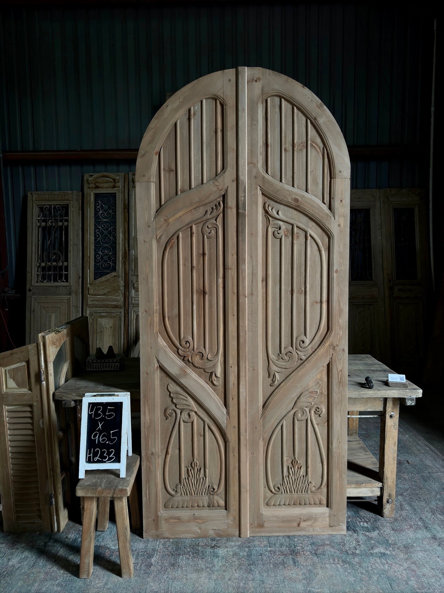 (The Merlin) Handrcrafted Arched Baltic Pine French Doors - 43.5x96.5 H233