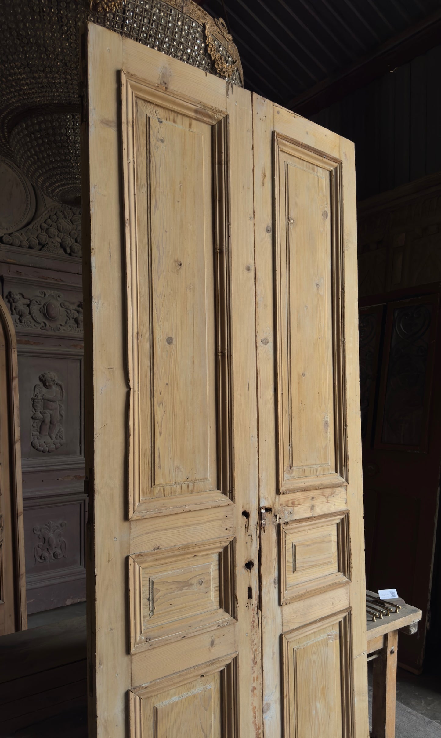 Raised Molding 3 Panel Antique Solid French Doors - 42x105.5 - L374