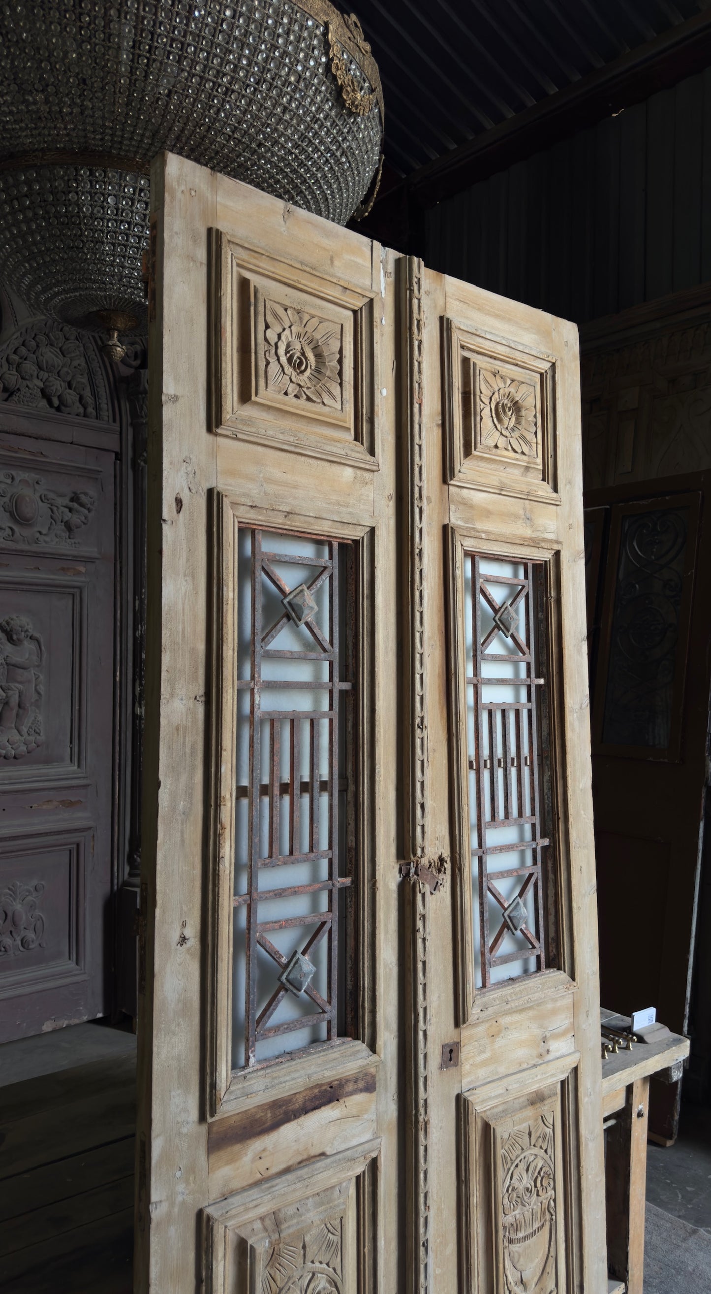 Carved Antique Iron French Doors - 41.75x98 - L478