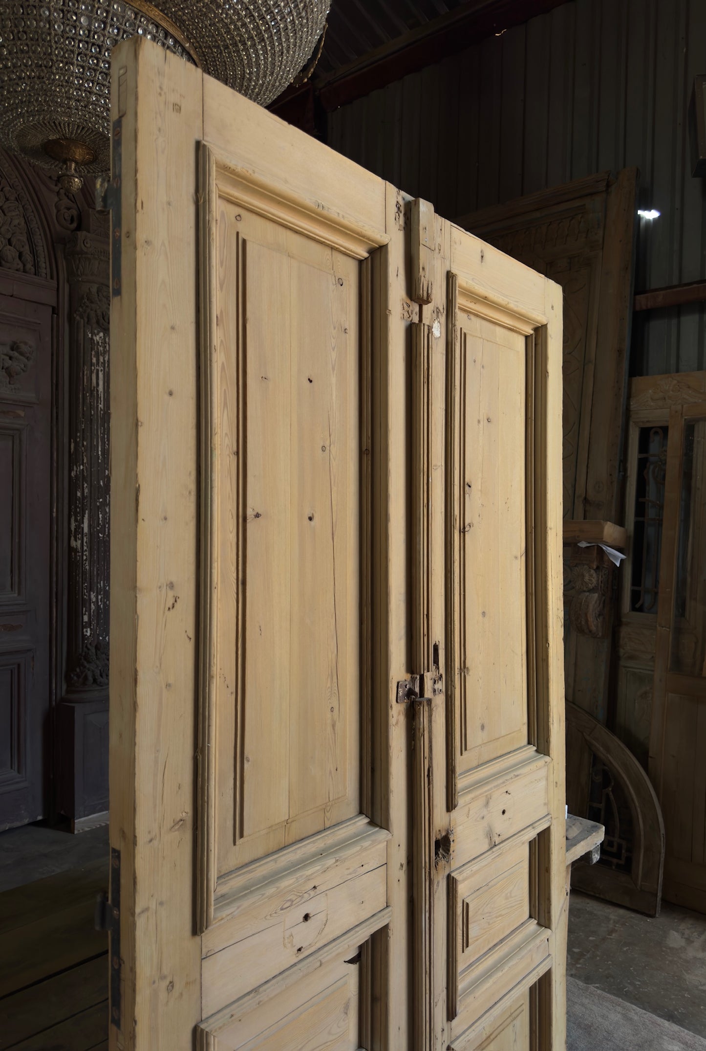 Raised Molding 3 Panel Antique Solid French Doors - 46.5x86.5 K415