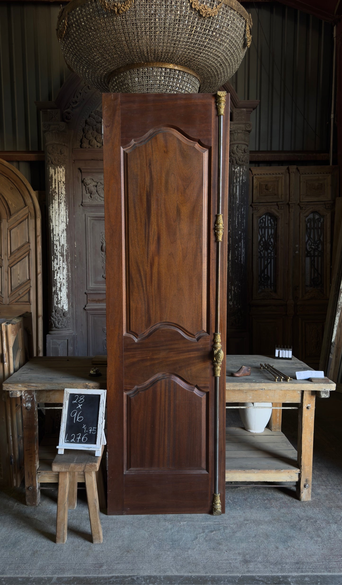 European Arched Panel Antique Single Door with Cremone Hardware - 28x96 - L276