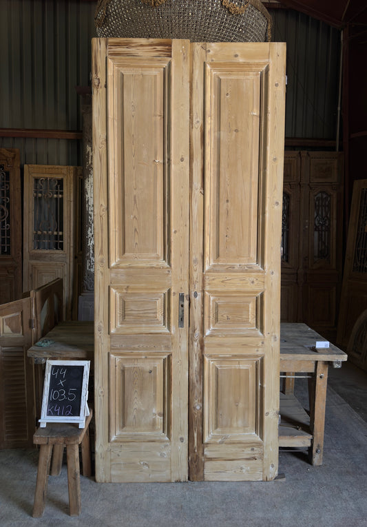 Raised Molding 3 Panel Antique Solid French Doors - 44x103.5 K412