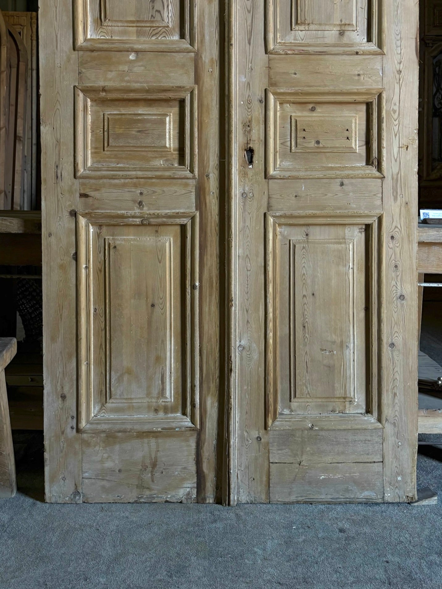 Raised Molding 3 Panel Antique Solid French Doors - 44.75x94 - L97