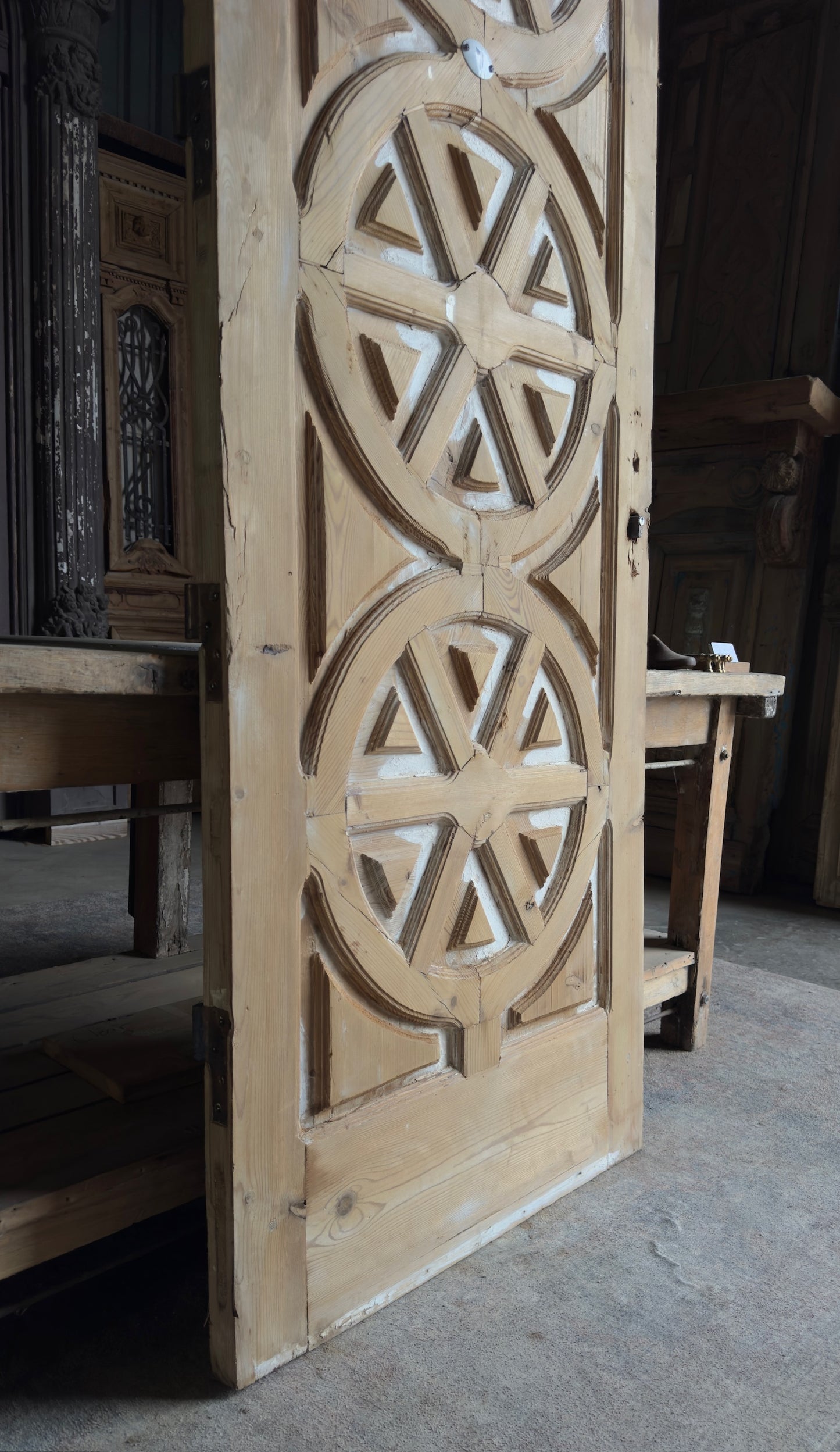 Triple Rosette Antique Arched Solid Single Door -32.25x88.5 - L145