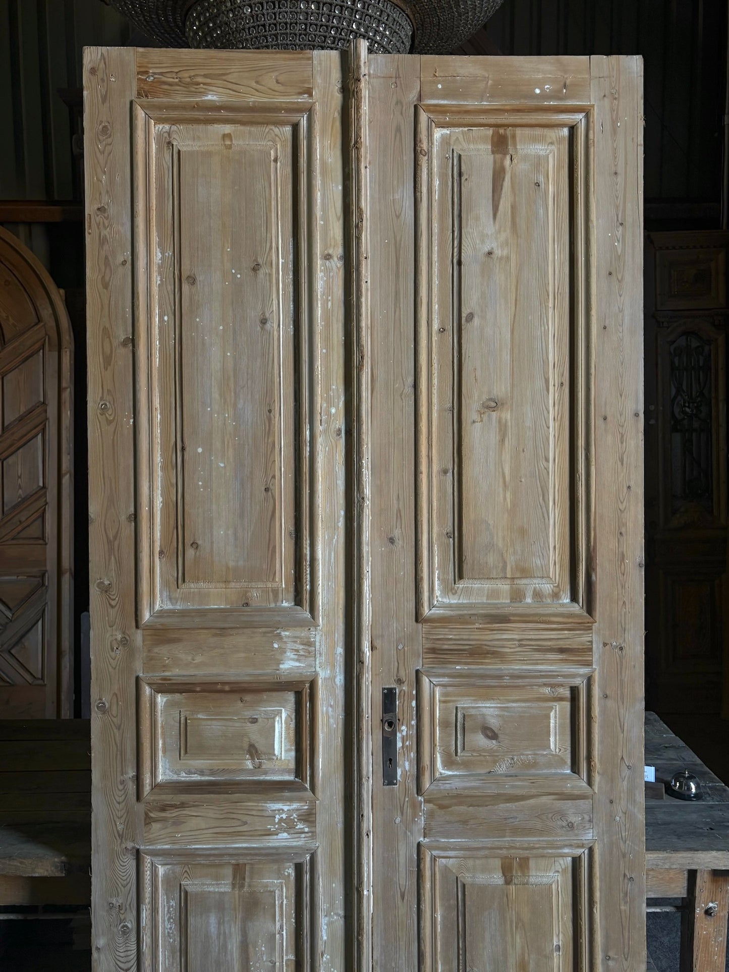 Raised Molding 3 Panel Antique Solid French Doors - 43.75x94.25 - L100