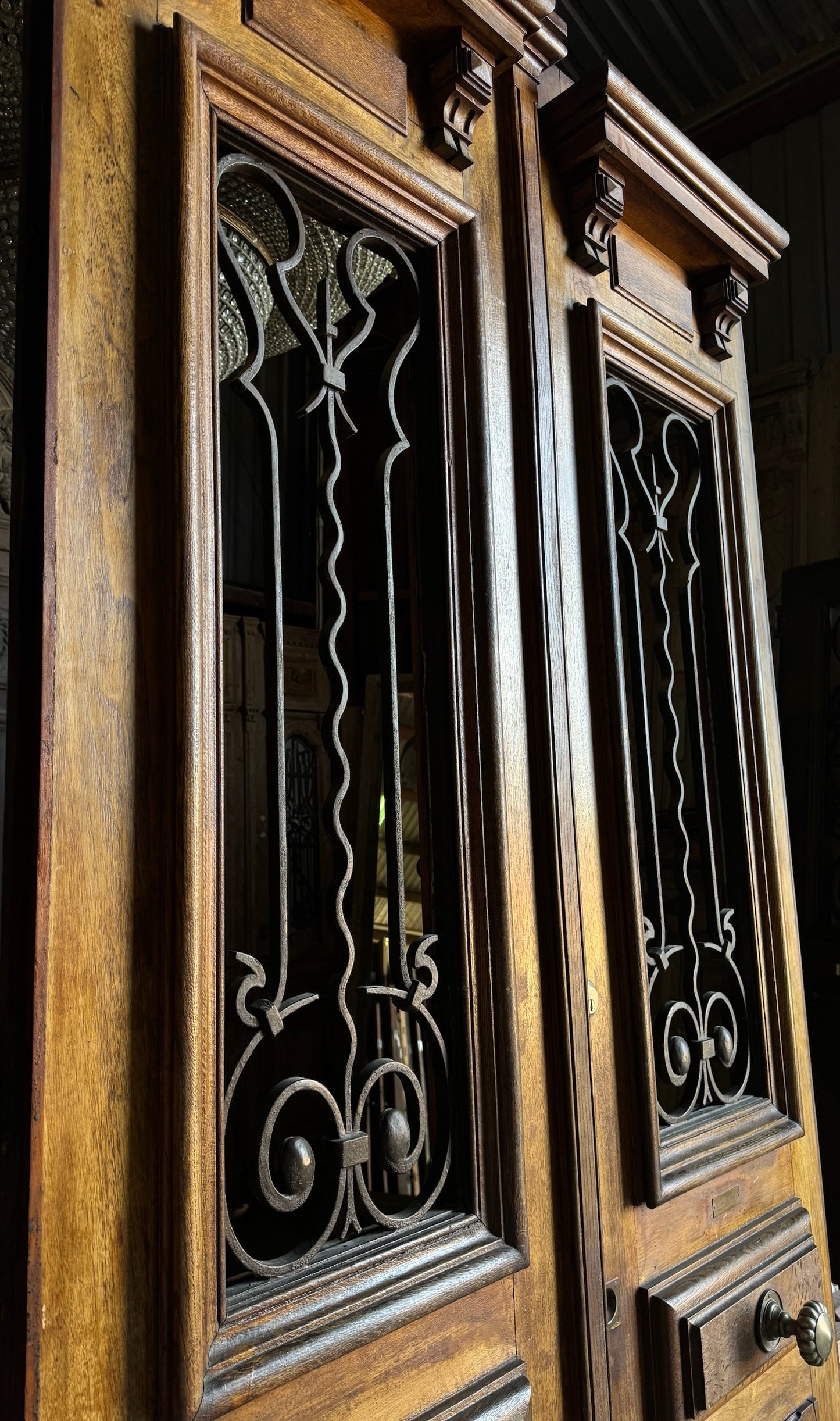 French Iron & Glass Antique Double Doors with Parquet Panels - 57x112.5 - L272