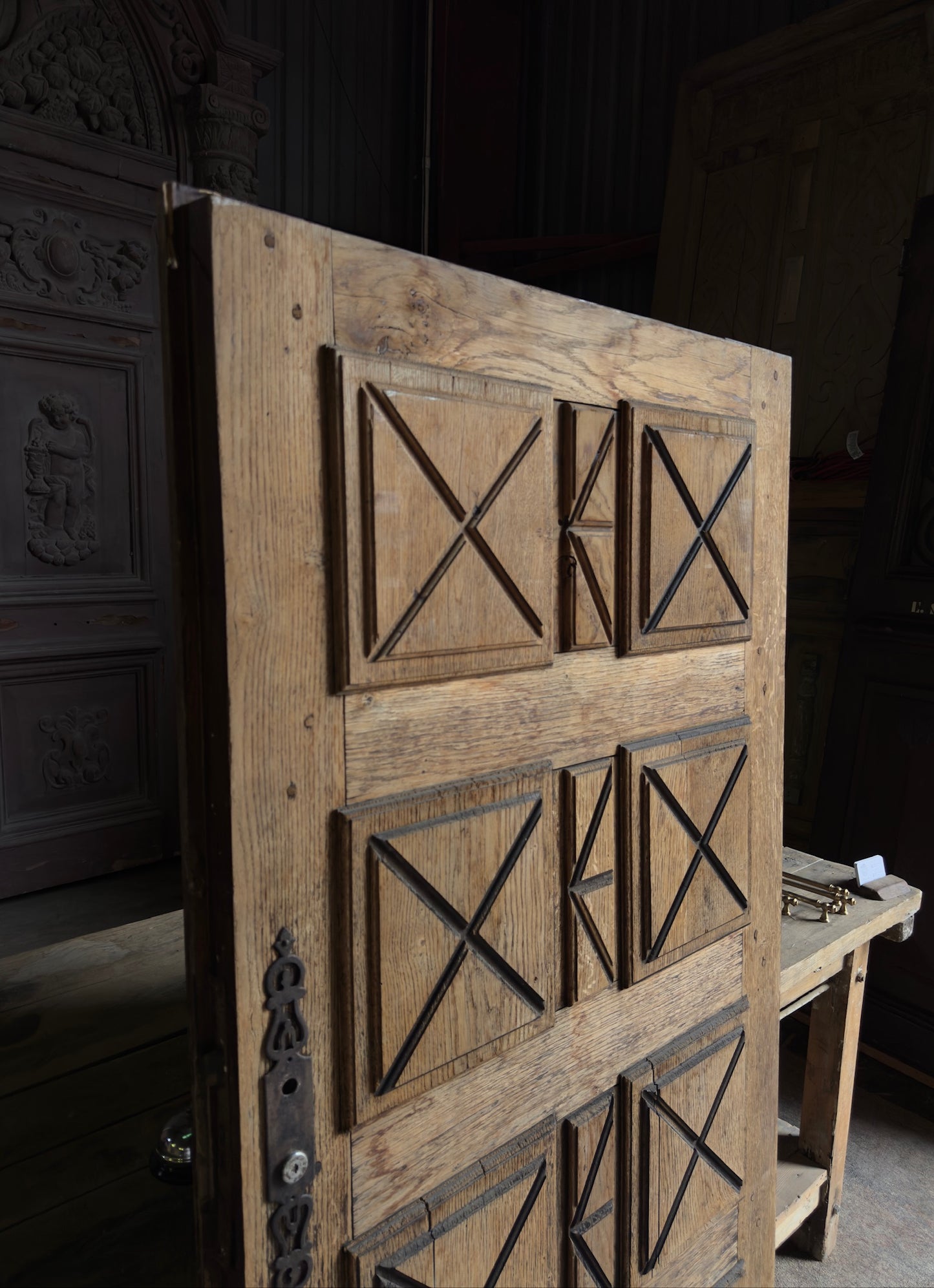 Spanish Crossbuck Panel Antique Single Door - 35x68 - L247