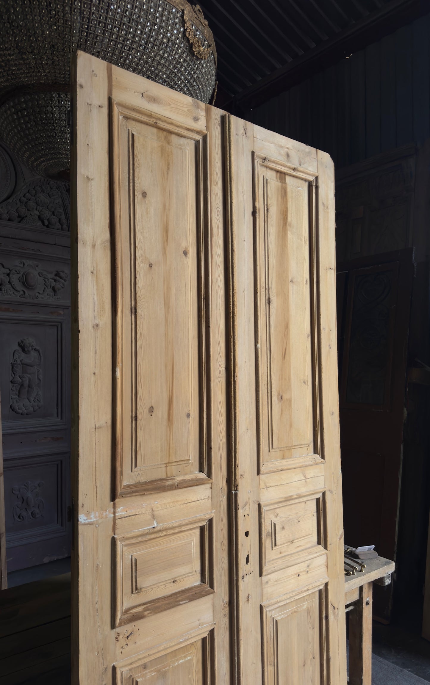 Raised Molding 3 Panel Antique Solid French Doors - 43.5x100 - L357