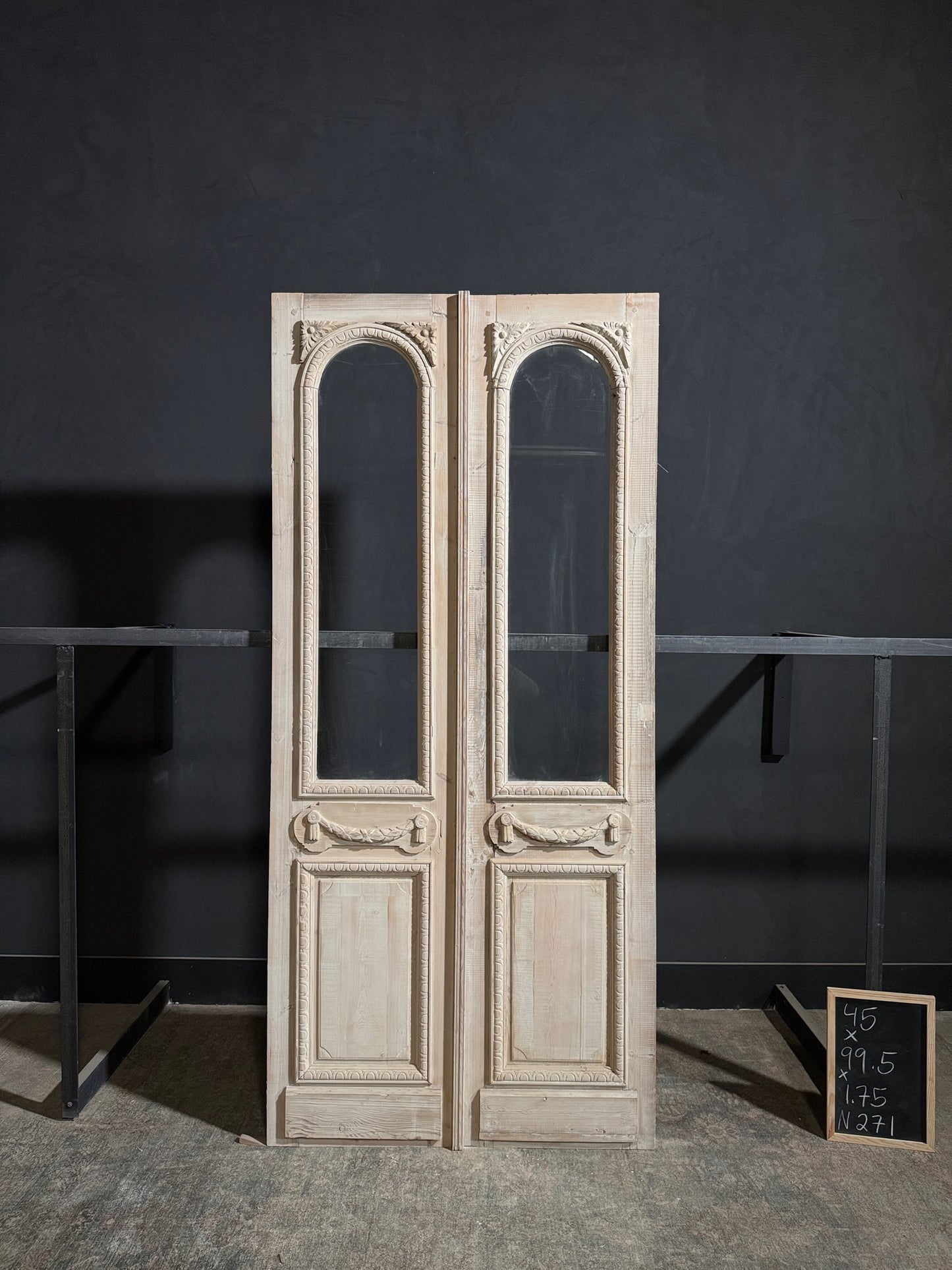 Antique Carved 1 Lite Arched French Doors - 45x99.5 - N271