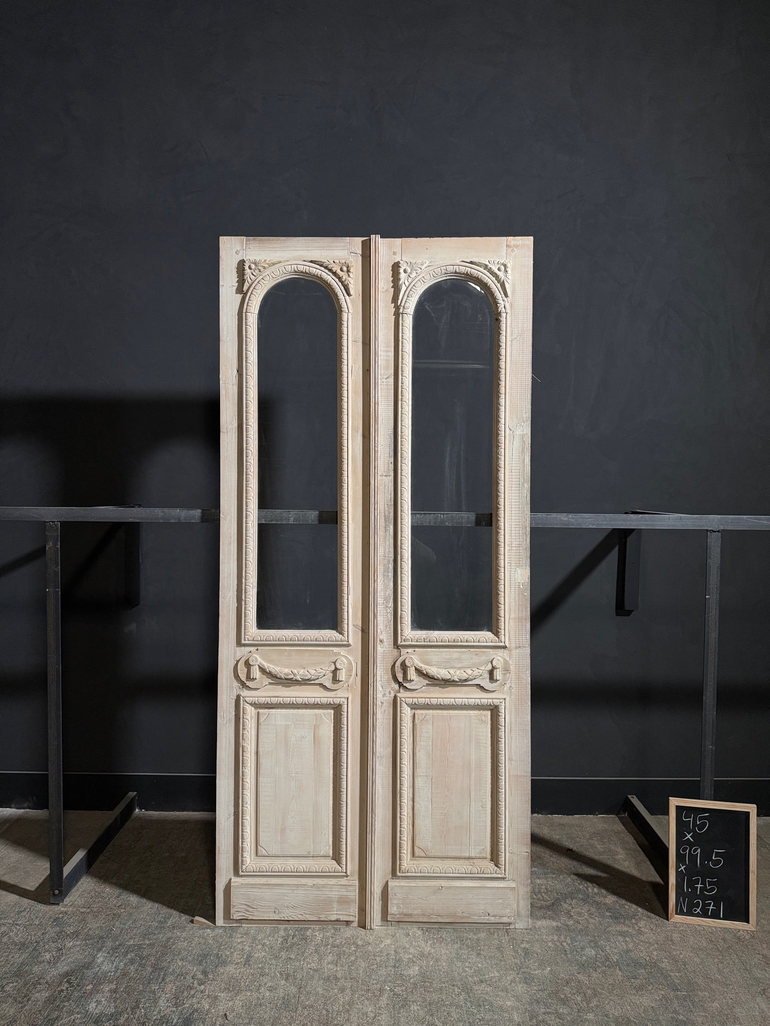 Antique Carved 1 Lite Arched French Doors - 45x99.5 - N271