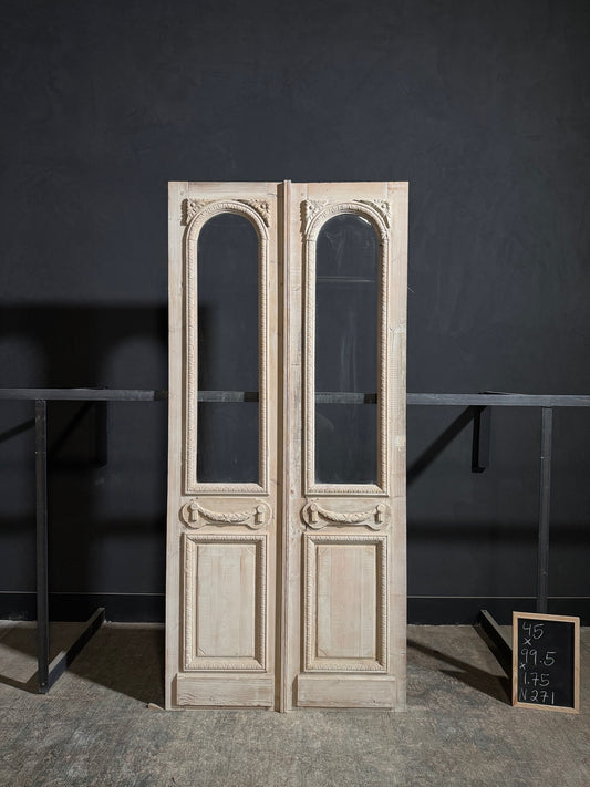 Antique Carved 1 Lite Arched French Doors - 45x99.5 - N271
