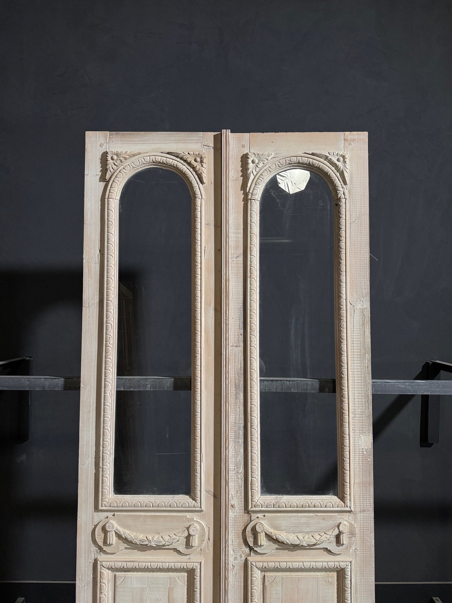 Antique Carved 1 Lite Arched French Doors - 45x99.5 - N271