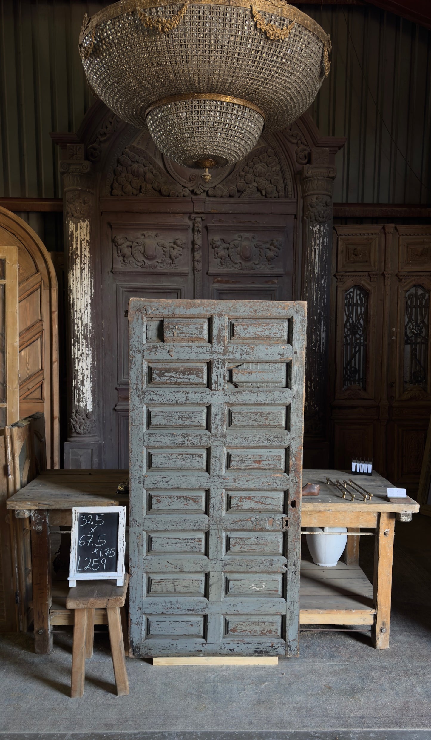 Spanish Coffered Panel Antique Single Door - 32.5x67.5 - L259