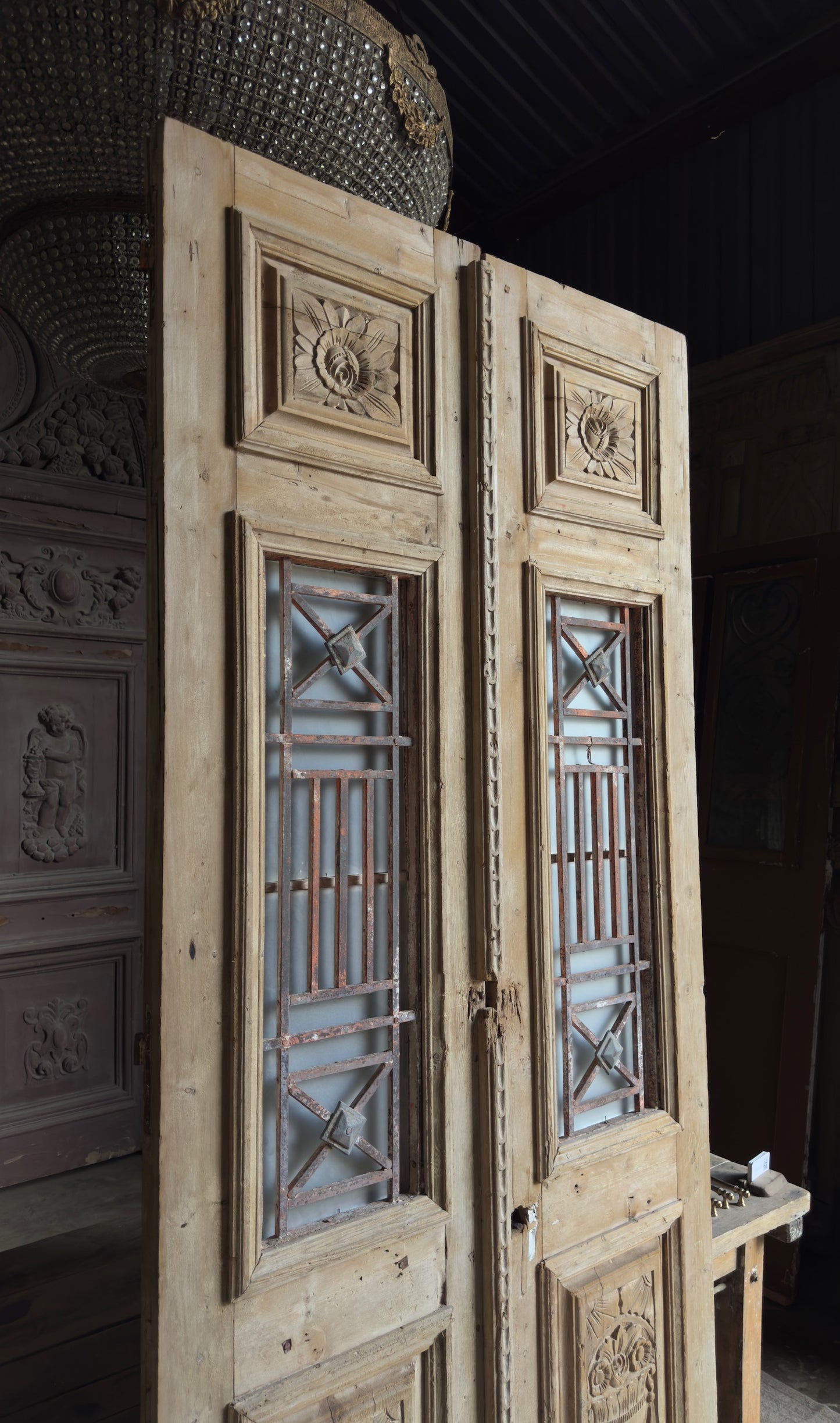 Carved Antique Iron French Doors - 44.25x101.5 - L493