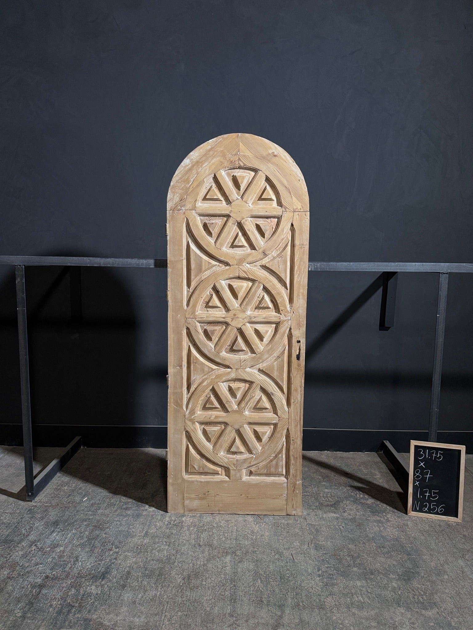 Antique Carved 3 Panel Arched Single Door - 31.75x87 - N256