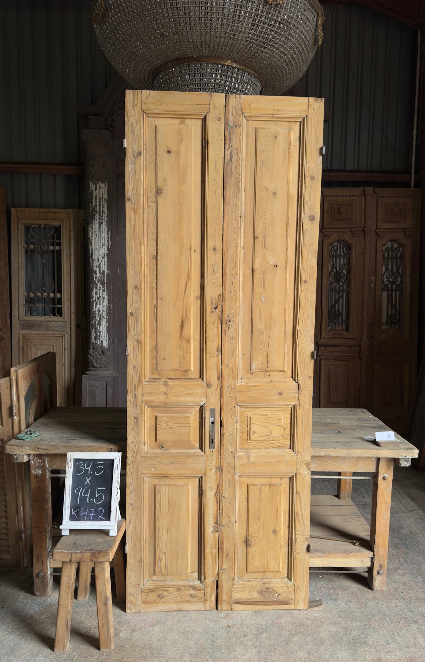 3 Panel Antique Solid French Doors - 34.5x94.5 K472