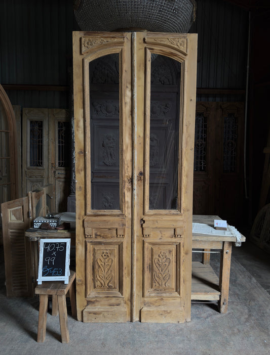 19th Century Antique Hand Carved Glass French Doors  - 40.75x99 J453