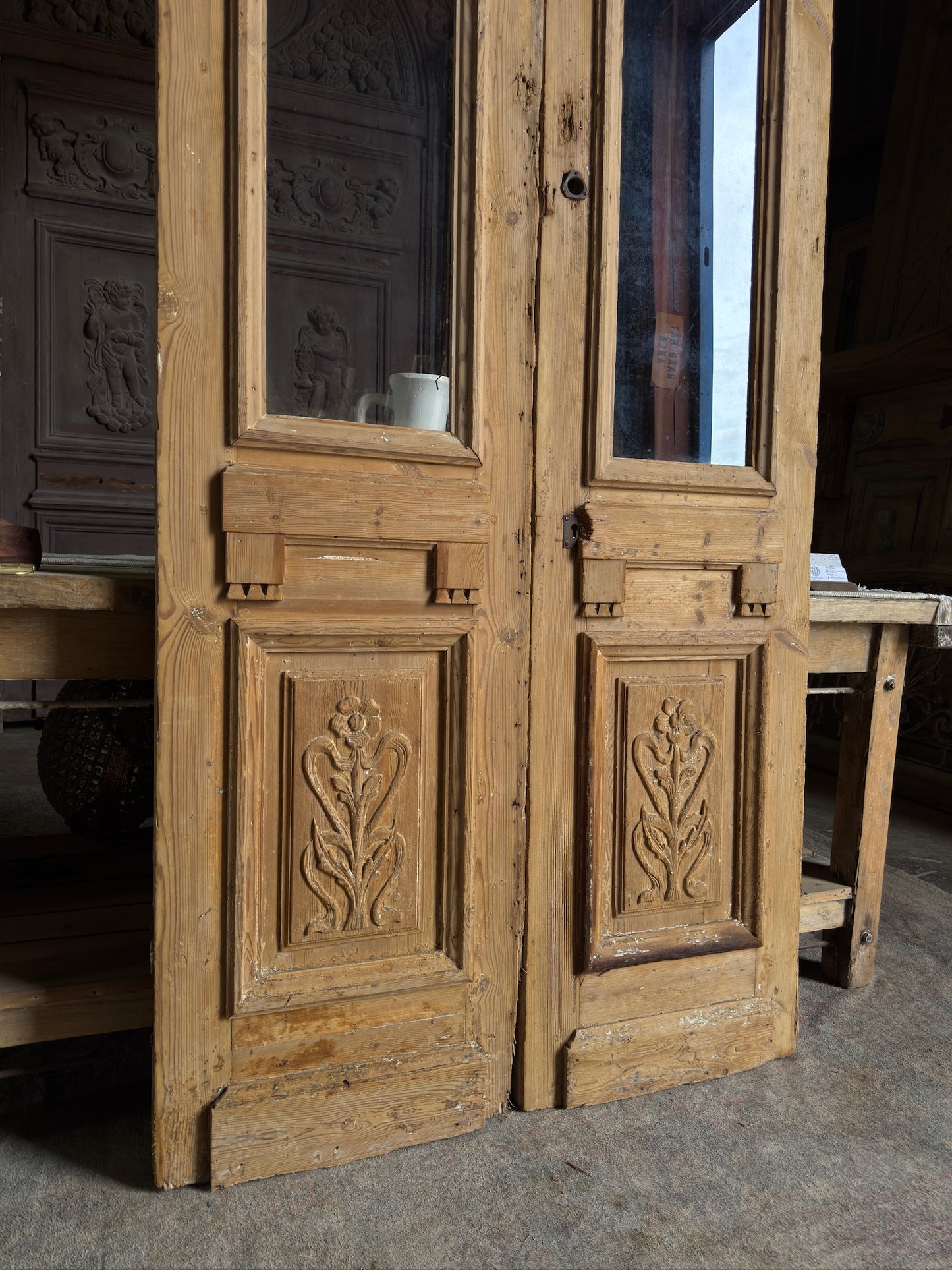 19th Century Antique Hand Carved Glass French Doors  - 40.75x98.5 J457