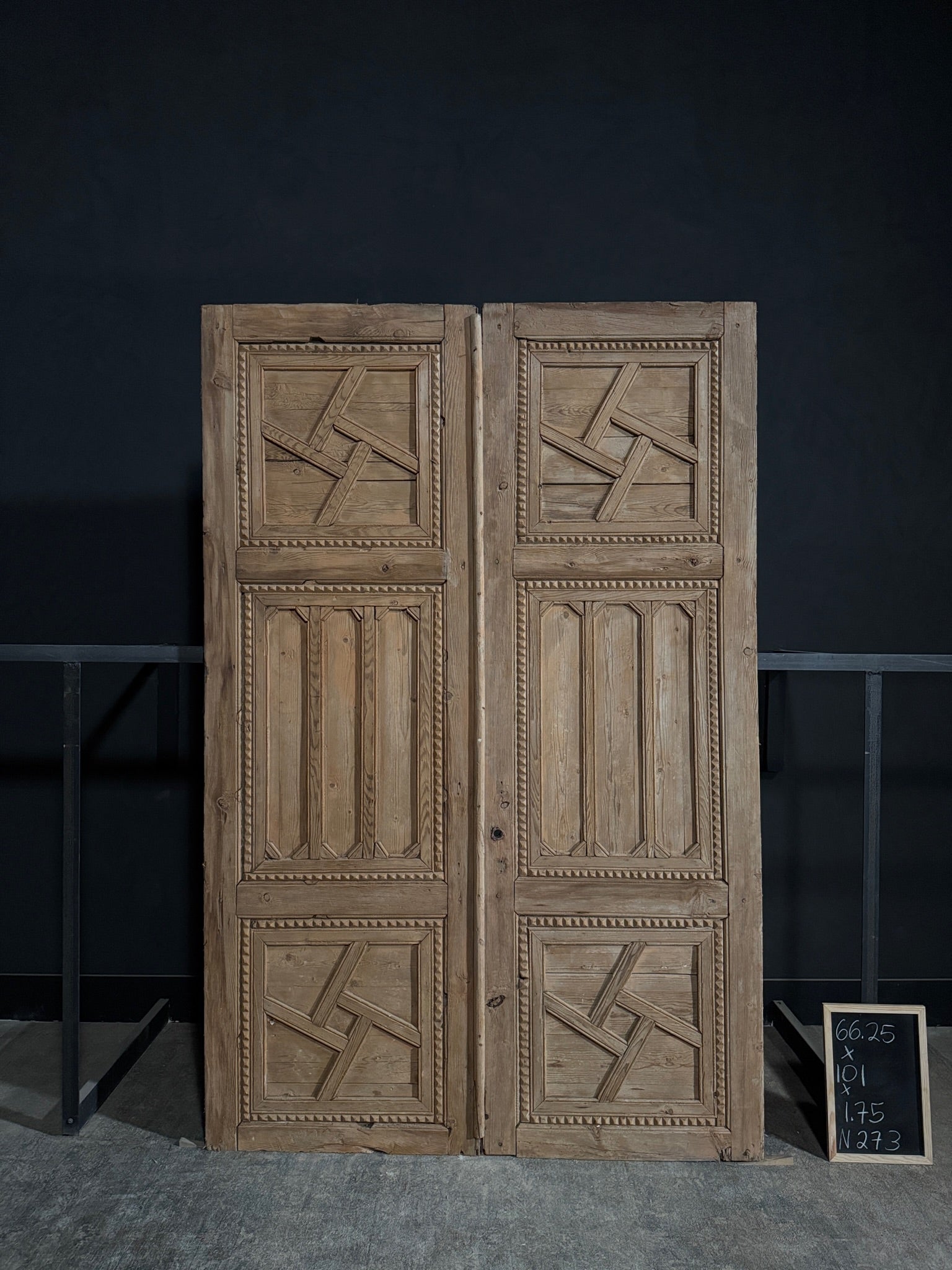 Antique Carved 3 Panel Double Doors - 66.25x101 - N273