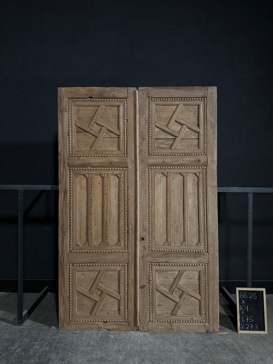 Antique Carved 3 Panel Double Doors - 66.25x101 - N273