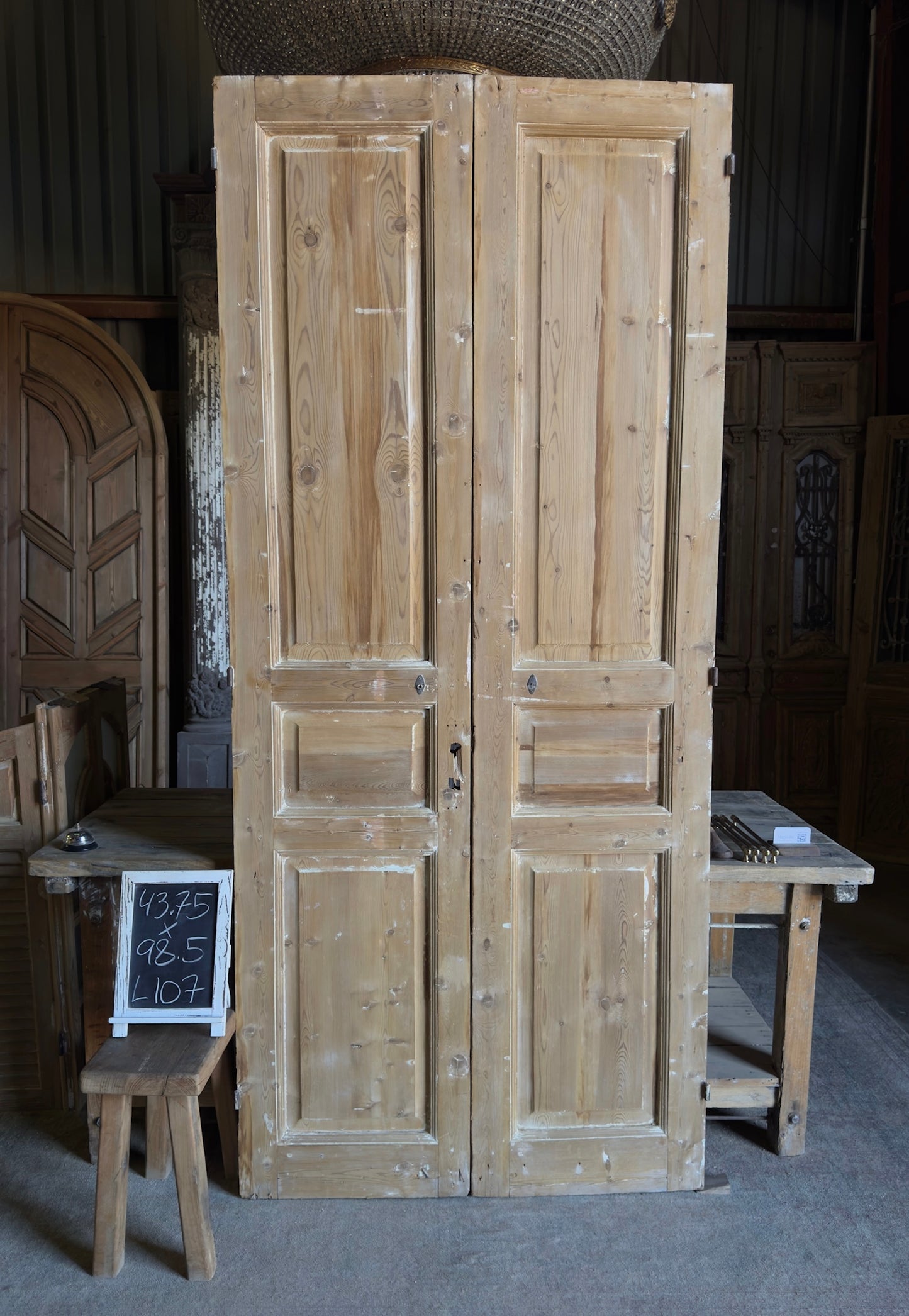 Raised Molding 3 Panel Antique Solid French Doors - 43.75x98.5 - L107