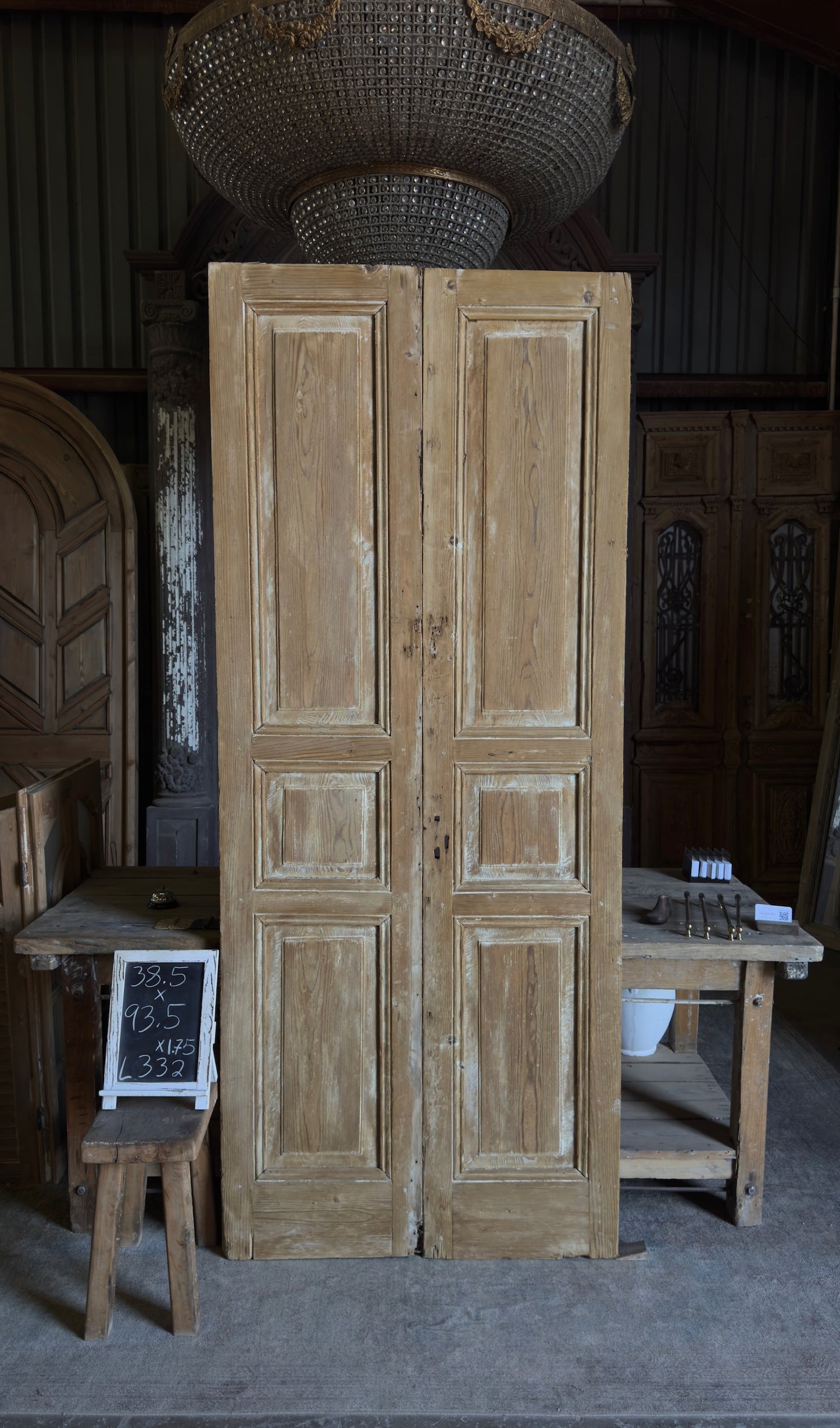 3 Panel Antique Solid French Doors - 38.5x93.5 - L332