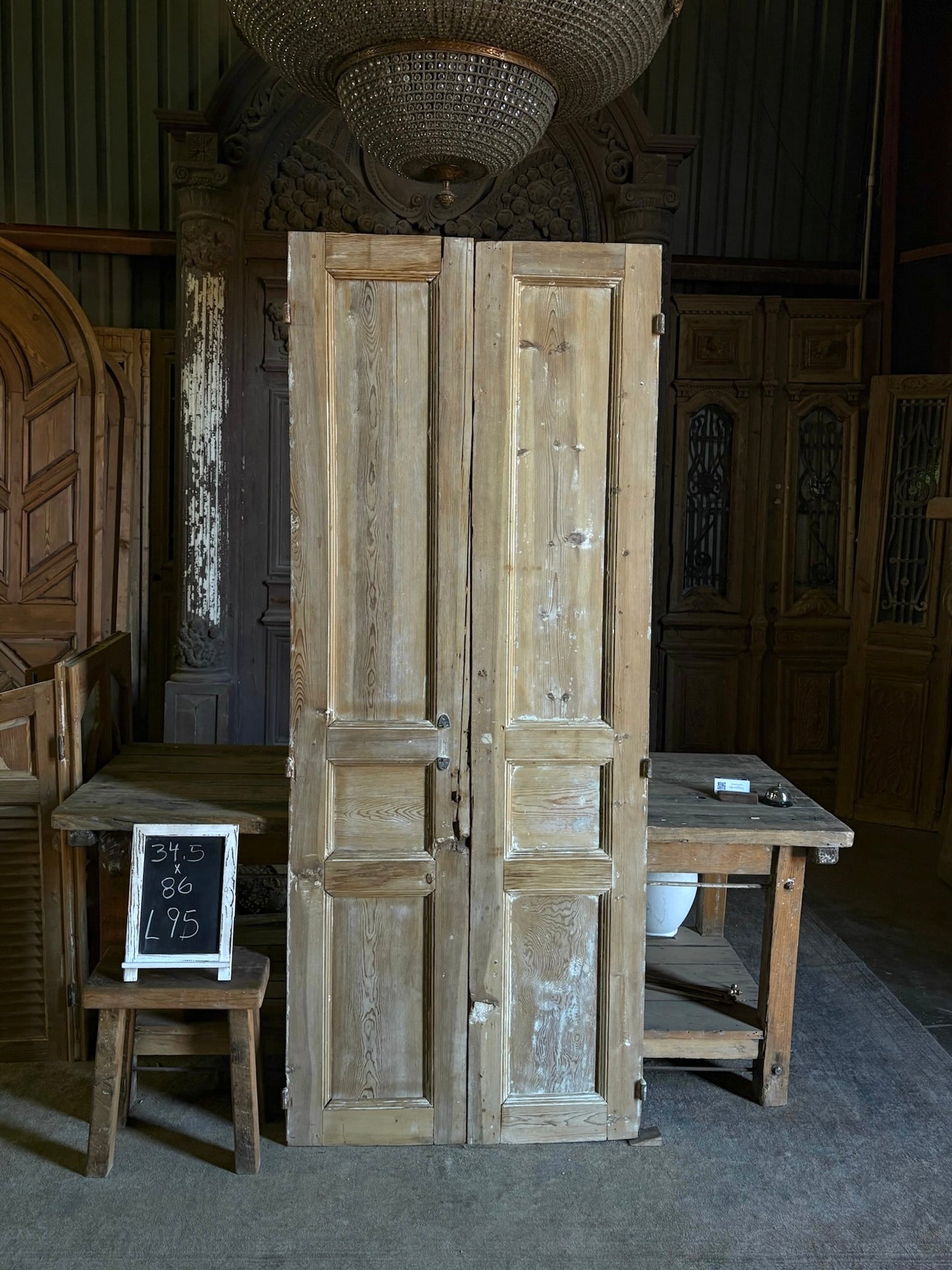 Raised Molding 3 Panel Antique Solid French Doors - 34.5x86 - L95