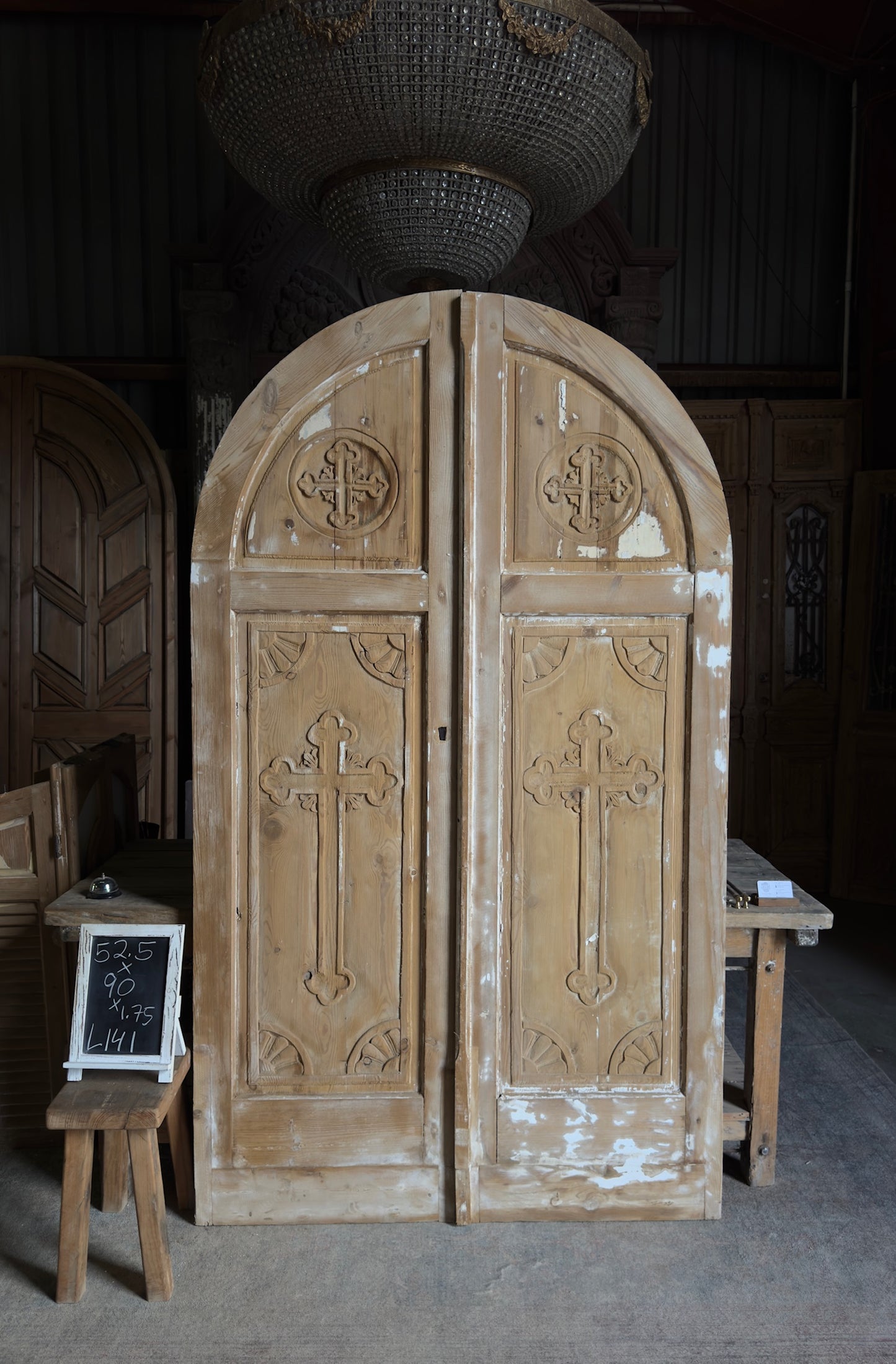Antique Solid Arched Doors with Carved Cross - 52.5x90 - L141