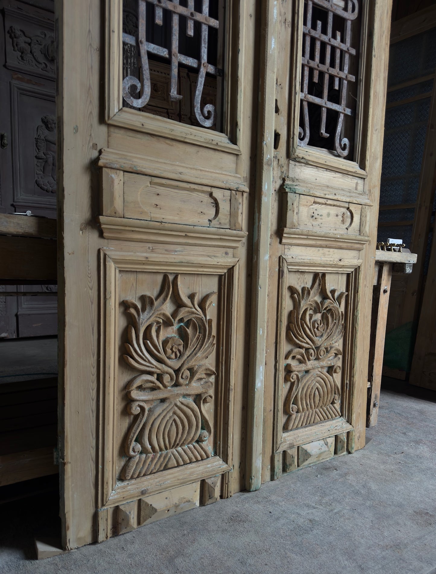 Antique Carved 4 Lite French Doors - 46.75x105 - L658