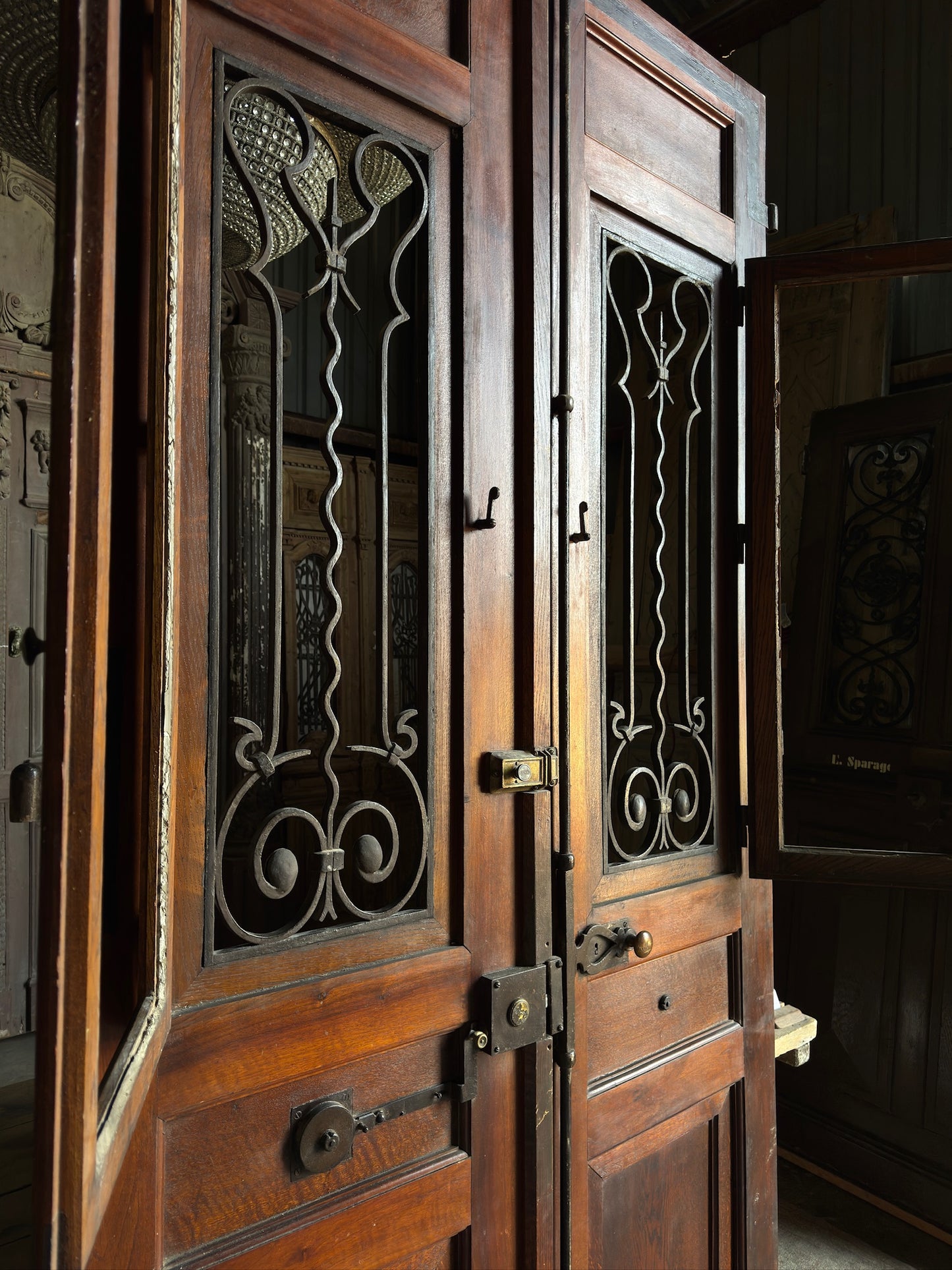 French Iron & Glass Antique Double Doors with Parquet Panels - 57x112.5 - L272
