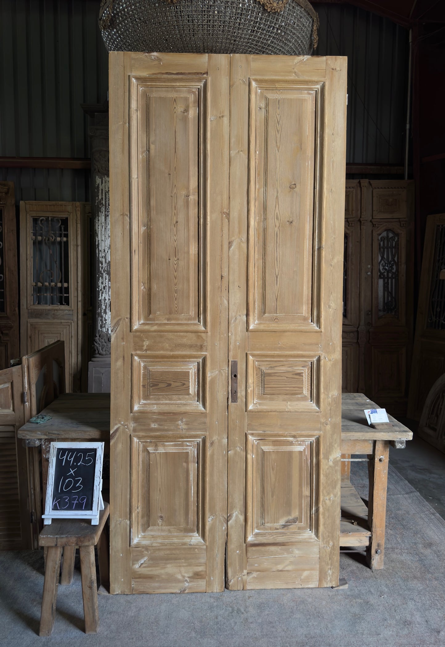 Raised Molding 3 Panel Antique Solid French Doors - 44.25x103 K379