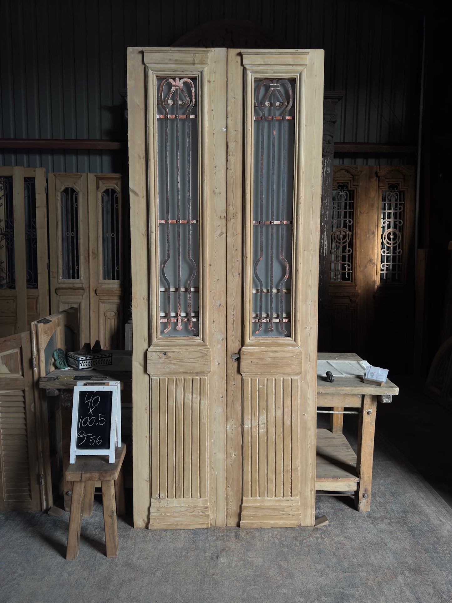 Tall Antique Iron French Double Doors - 40x100.5 J56