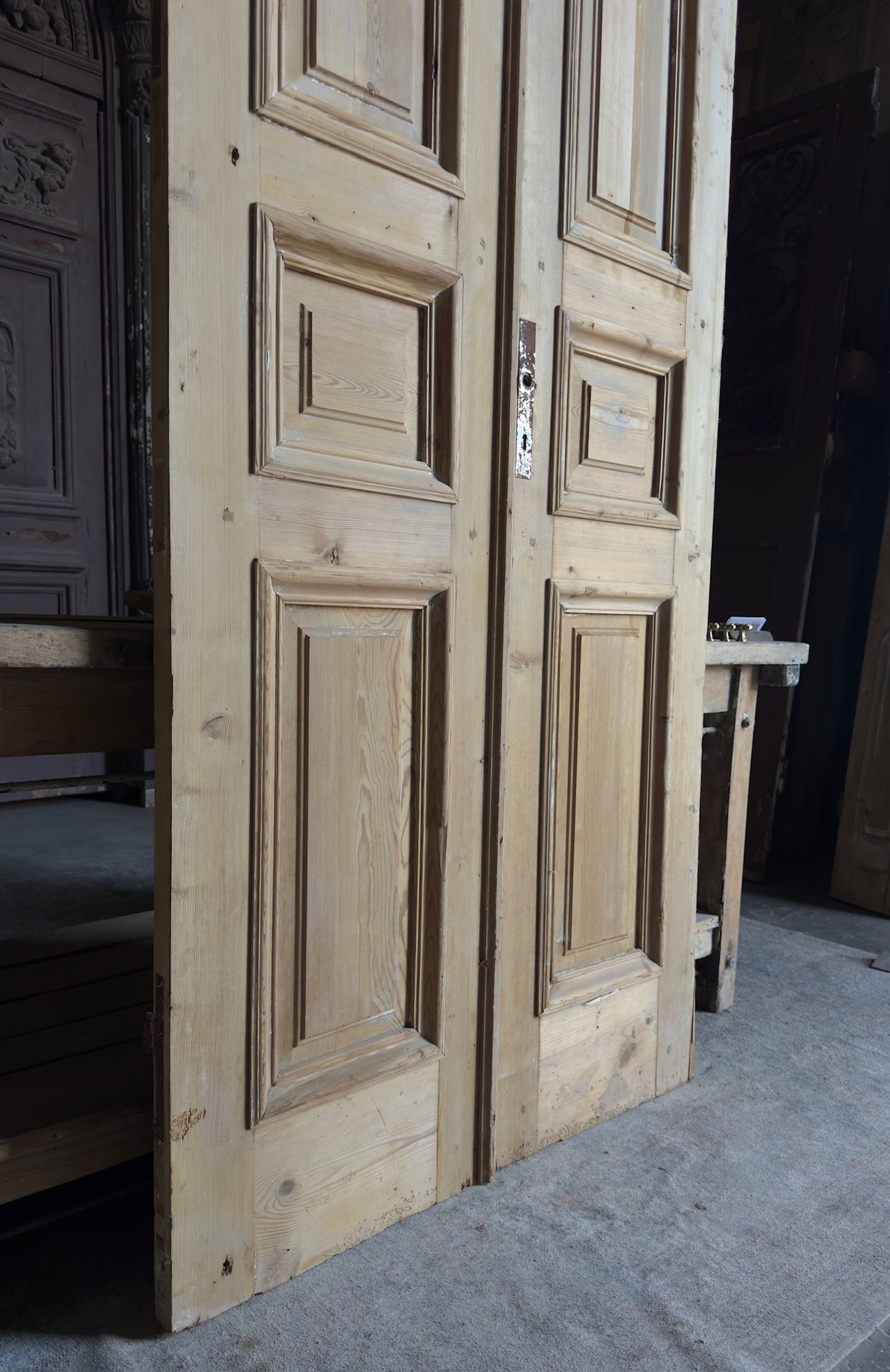 Raised Molding 3 Panel Antique Solid French Doors - 39.5x108.5 - L365