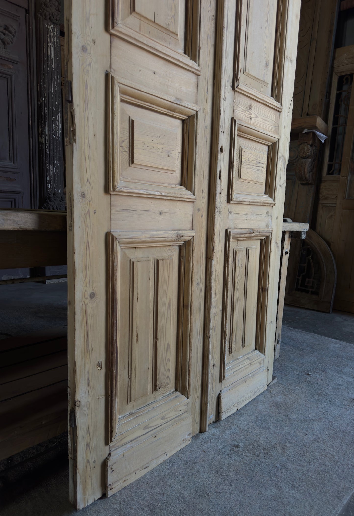 Raised Molding 3 Panel Antique Solid French Doors - 43x96 K402