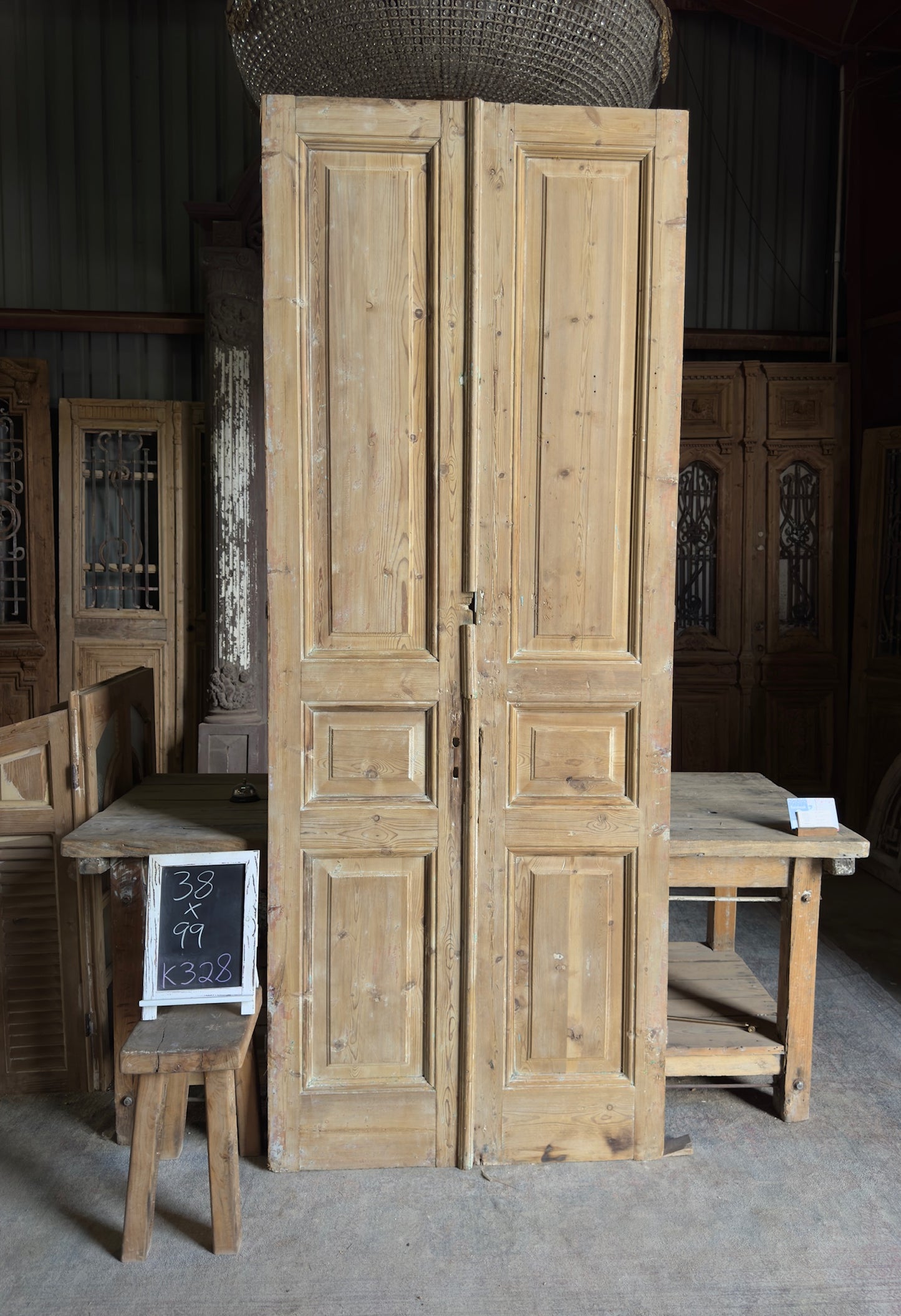 3 Panel Antique Solid French Doors - 38x99 K328