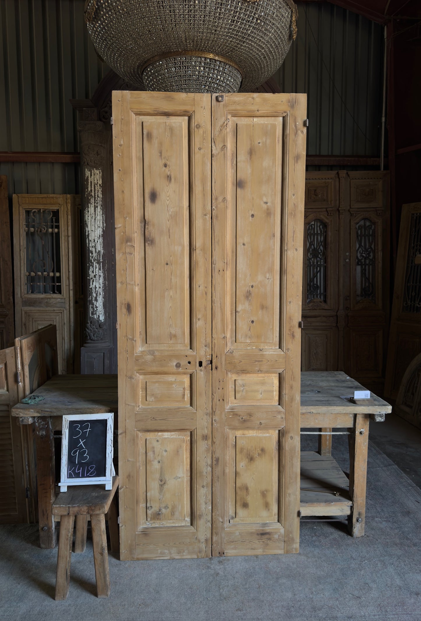 3 Panel Antique Solid French Doors - 37x93 K418