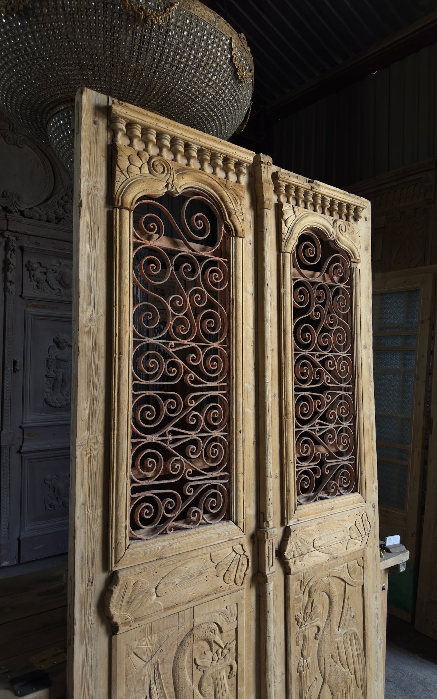 Antique Carved Arched Double Doors - 54.5x96.25 - L662